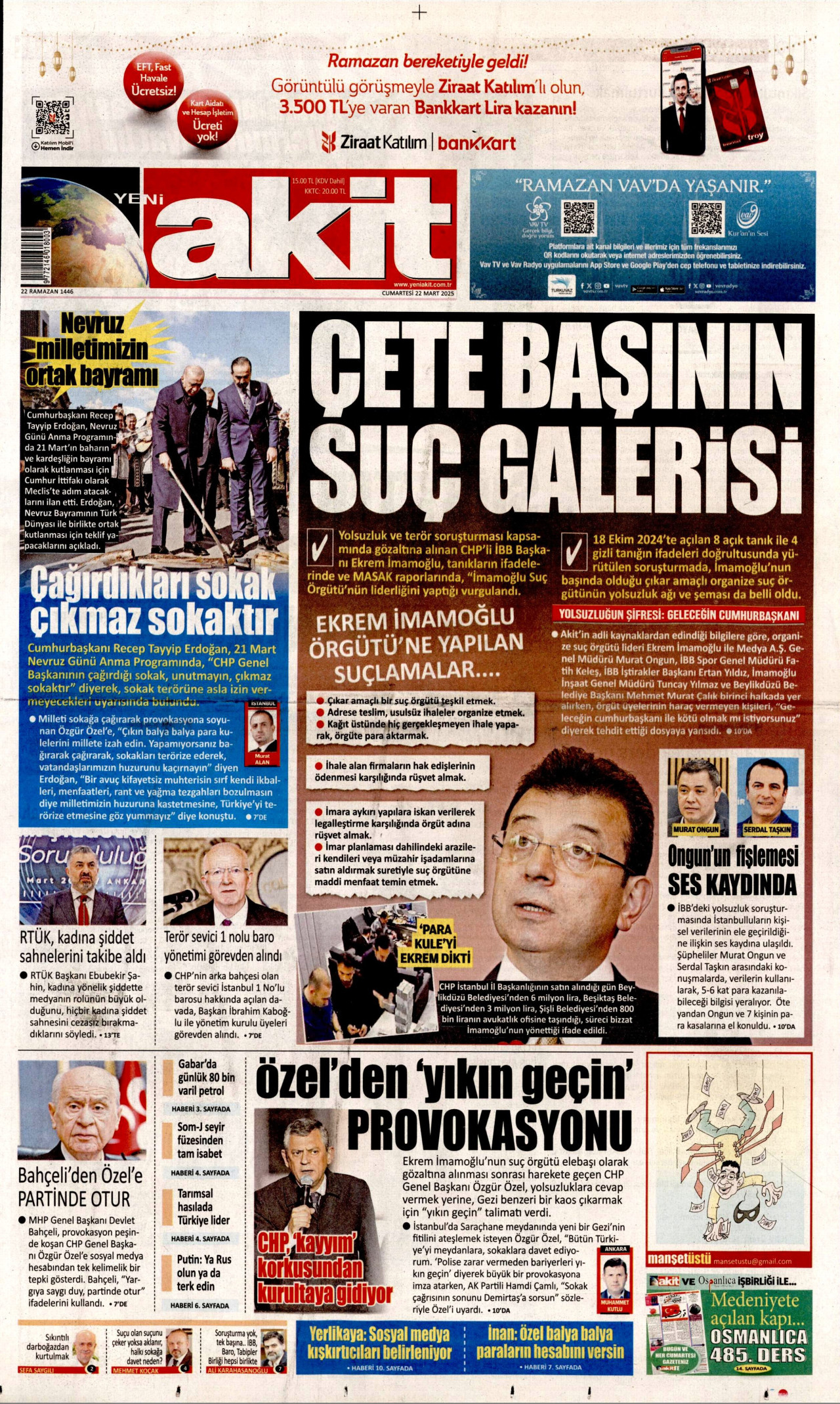 YENİ AKİT gazetesinin 22 Mart 2025 tarihli birinci sayfası