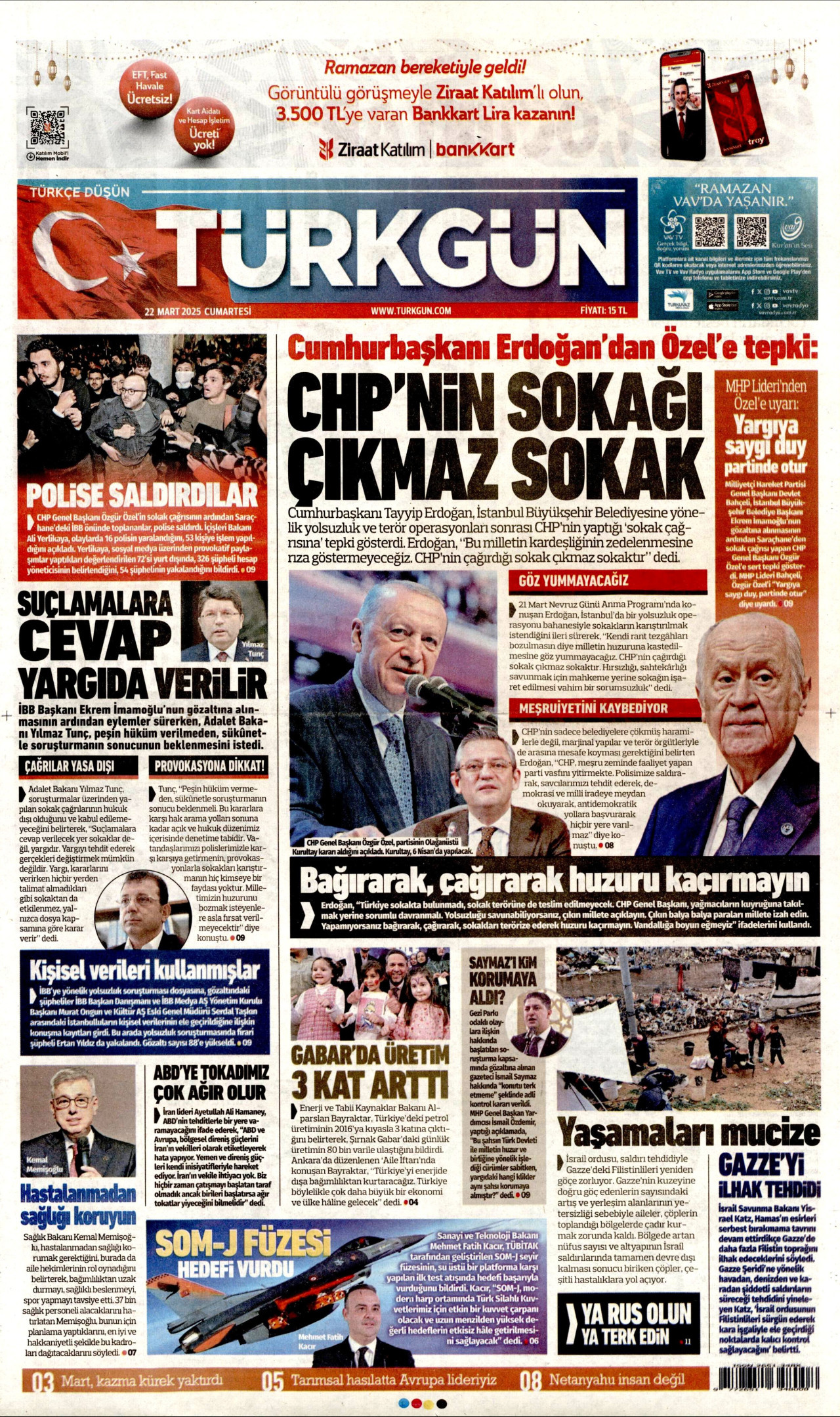 TÜRKGÜN gazetesinin 22 Mart 2025 tarihli birinci sayfası