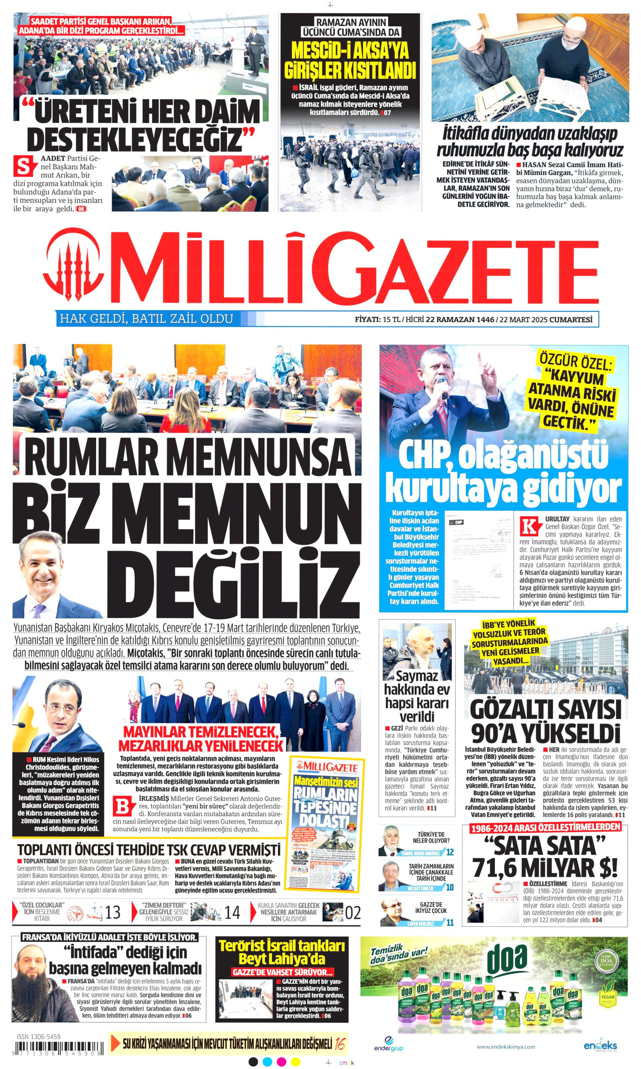MİLLİ GAZETE gazetesinin 22 Mart 2025 tarihli birinci sayfası