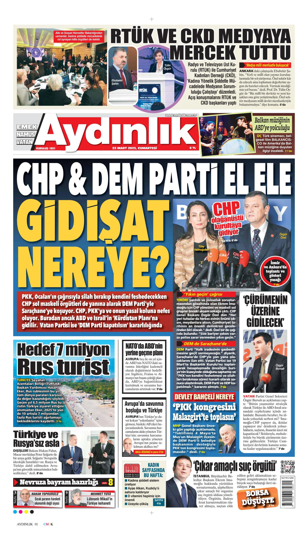 AYDINLIK GAZETESİ gazetesinin 22 Mart 2025 tarihli birinci sayfası