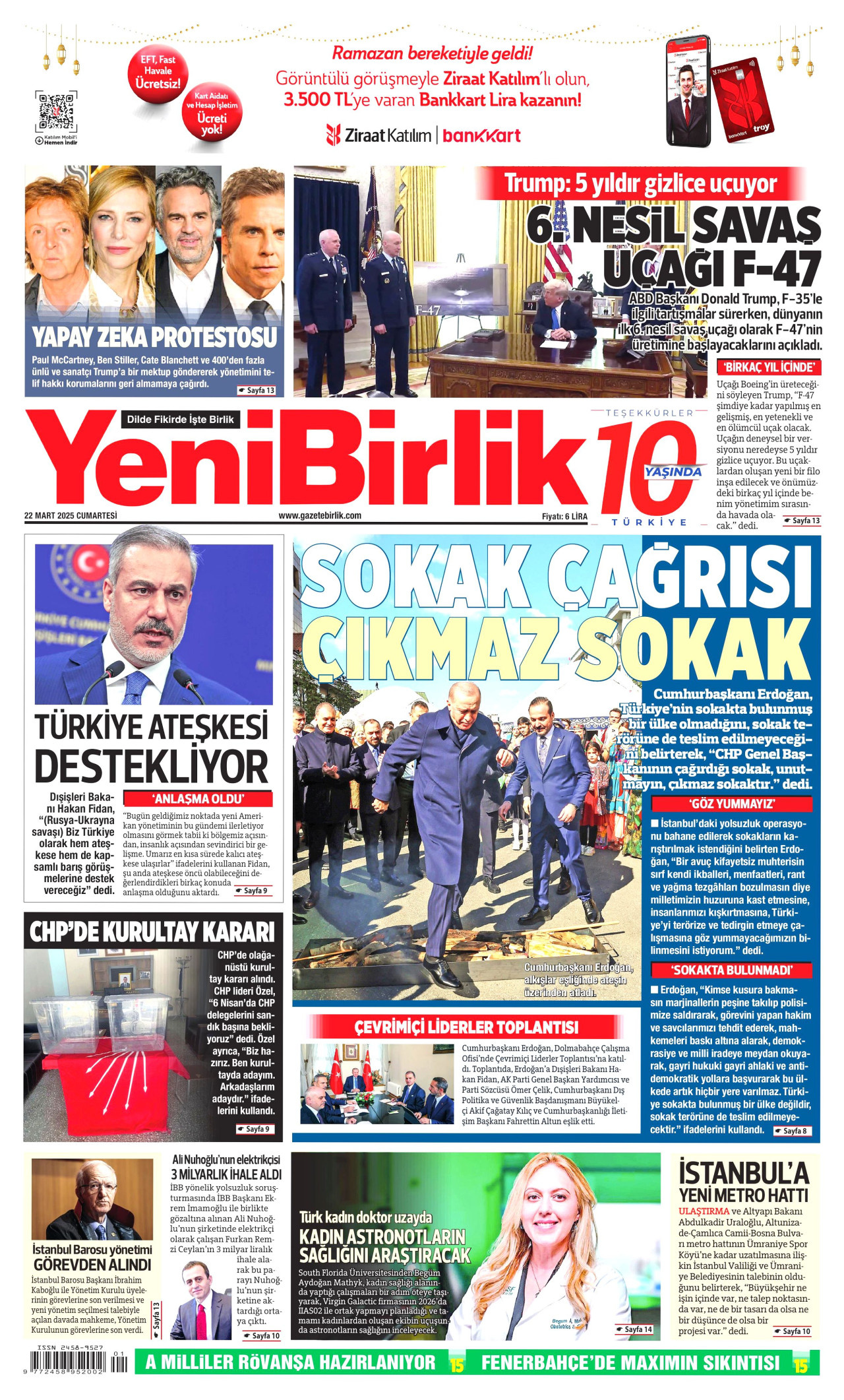 YENİBİRLİK gazetesinin 22 Mart 2025 tarihli birinci sayfası