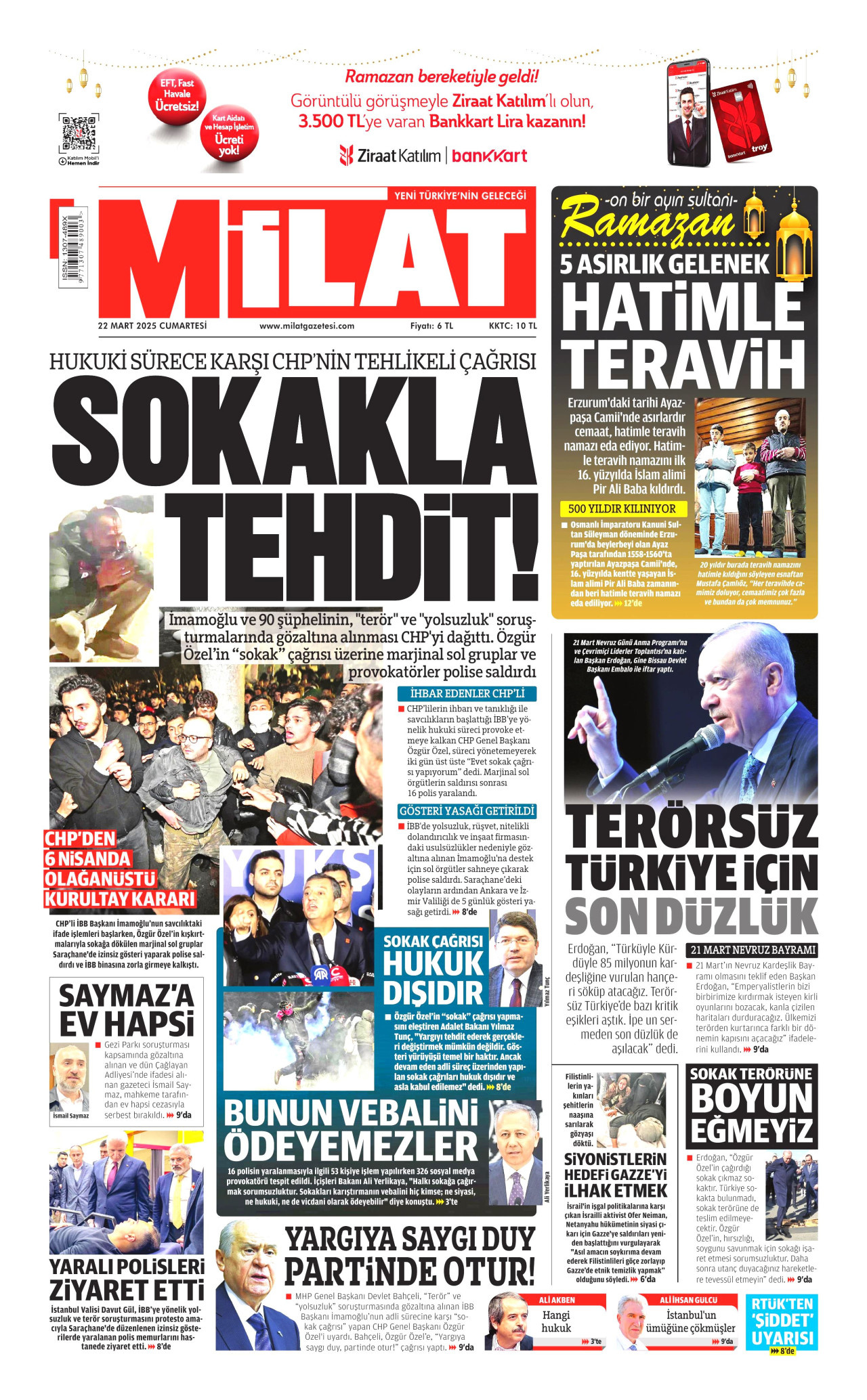 MİLAT gazetesinin 22 Mart 2025 tarihli birinci sayfası