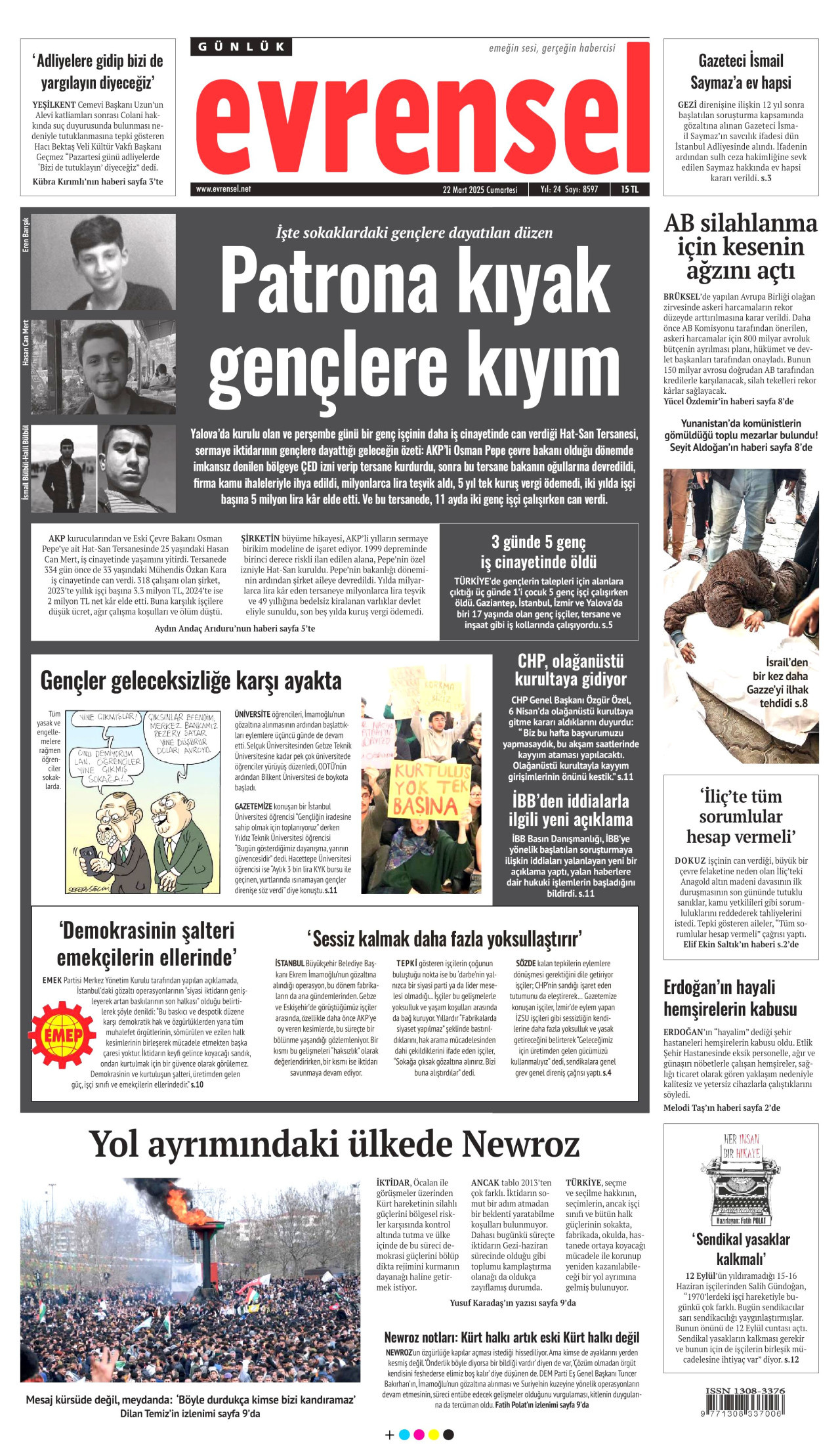 EVRENSEL gazetesinin 22 Mart 2025 tarihli birinci sayfası