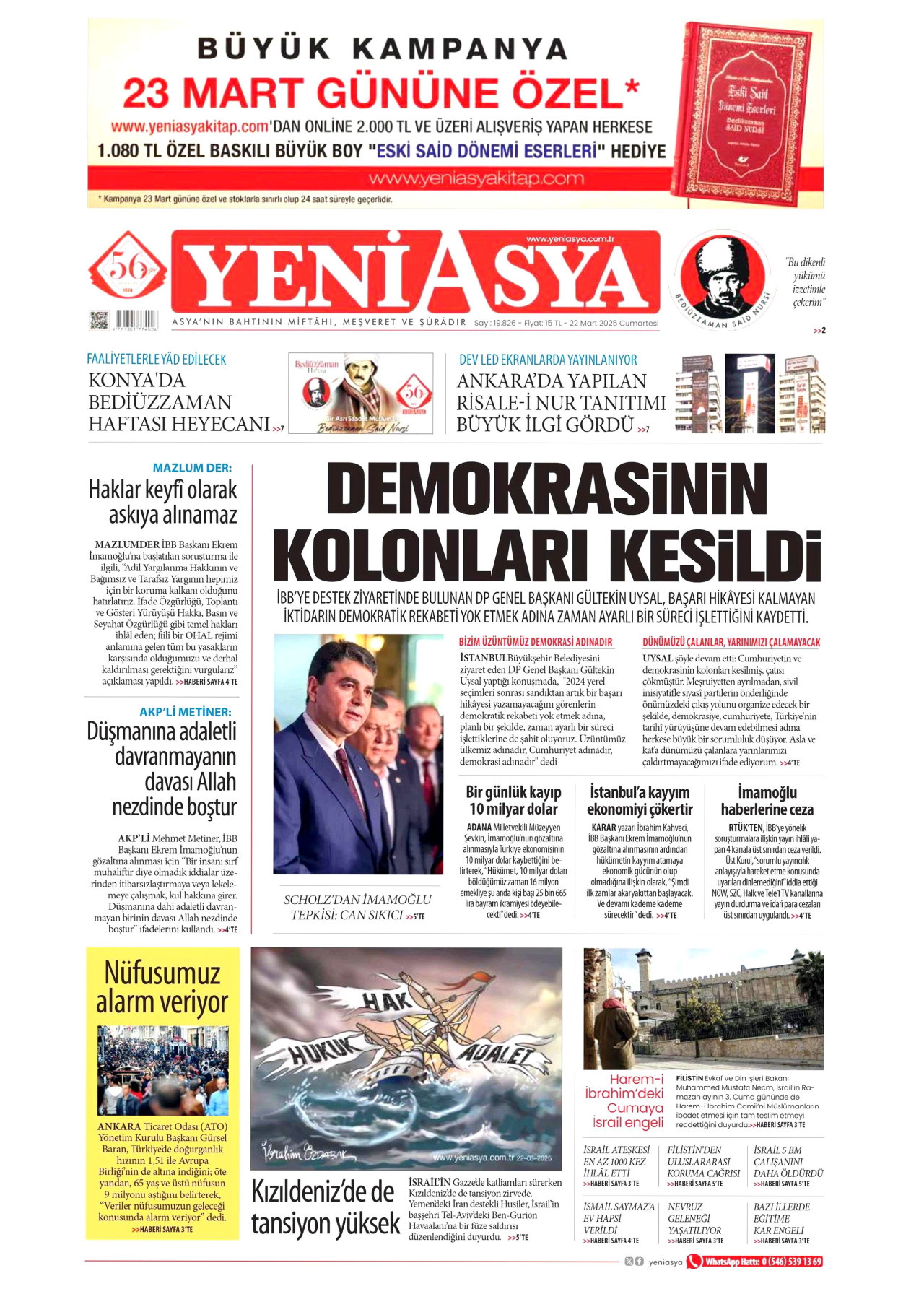 YENİ ASYA gazetesinin 22 Mart 2025 tarihli birinci sayfası