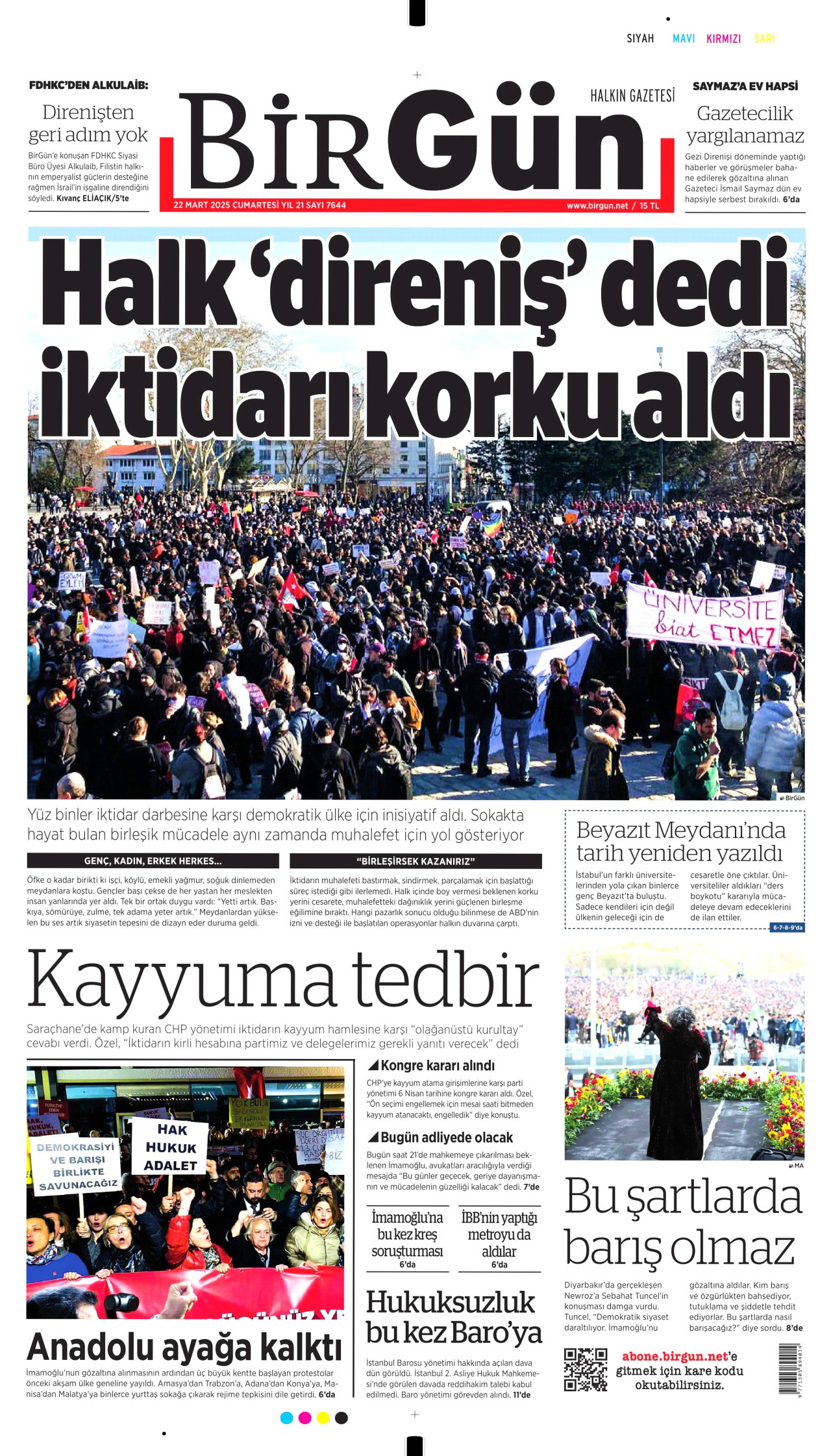 BİRGÜN gazetesinin 22 Mart 2025 tarihli birinci sayfası