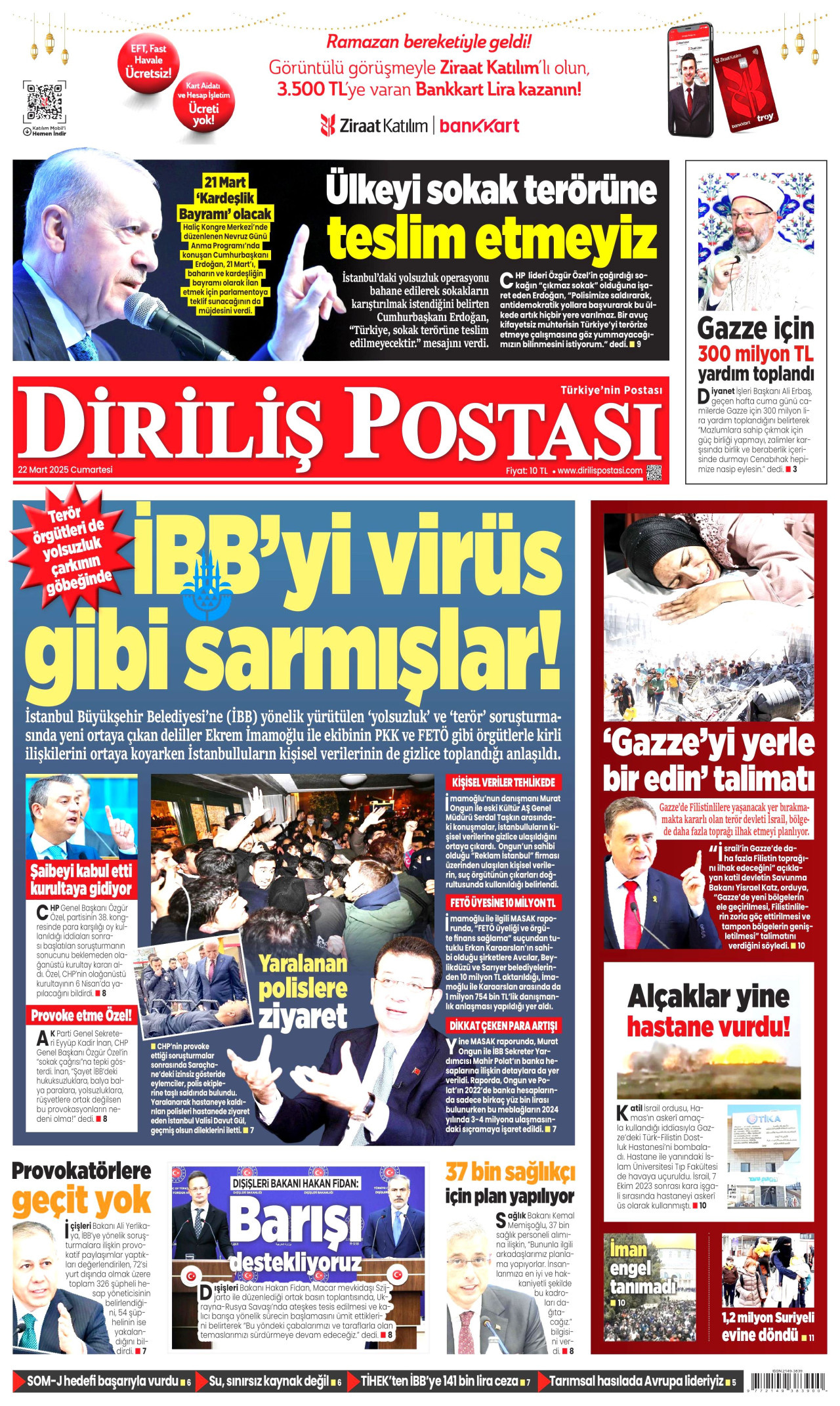 DİRİLİŞ POSTASI gazetesinin 22 Mart 2025 tarihli birinci sayfası