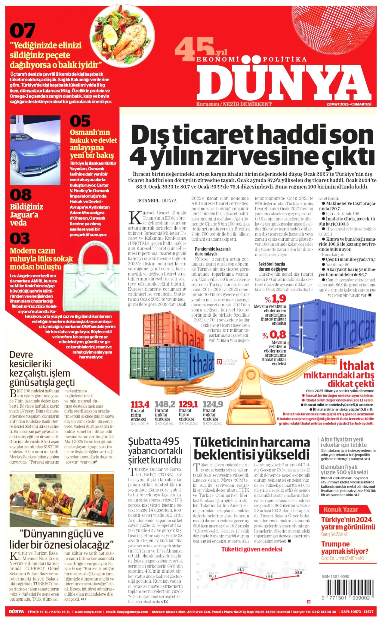 DÜNYA gazetesinin 22 Mart 2025 tarihli birinci sayfası
