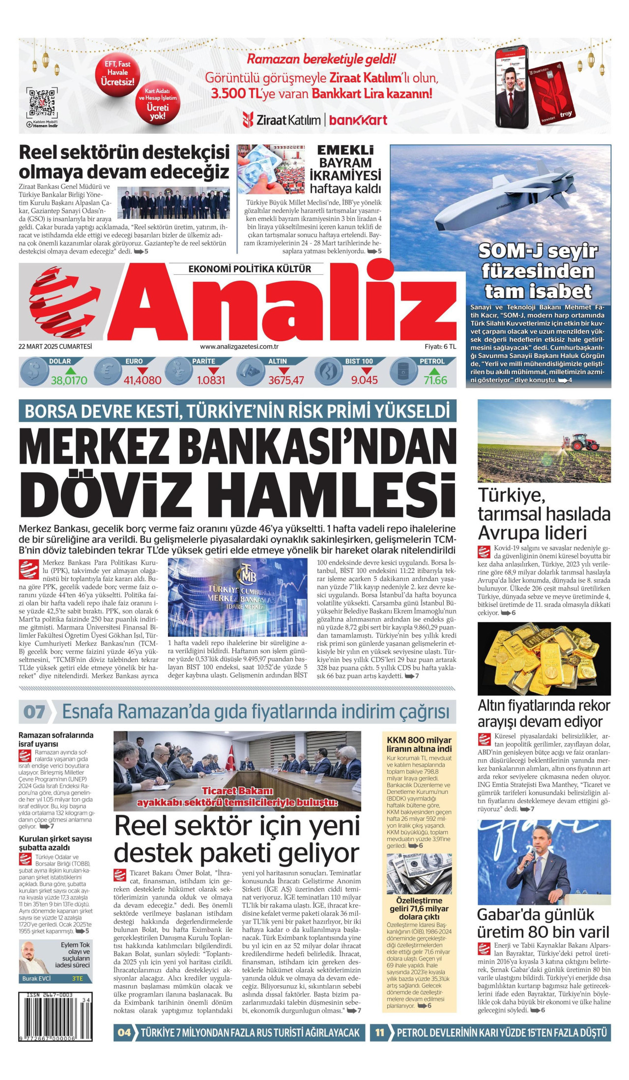 ANALİZ gazetesinin 22 Mart 2025 tarihli birinci sayfası