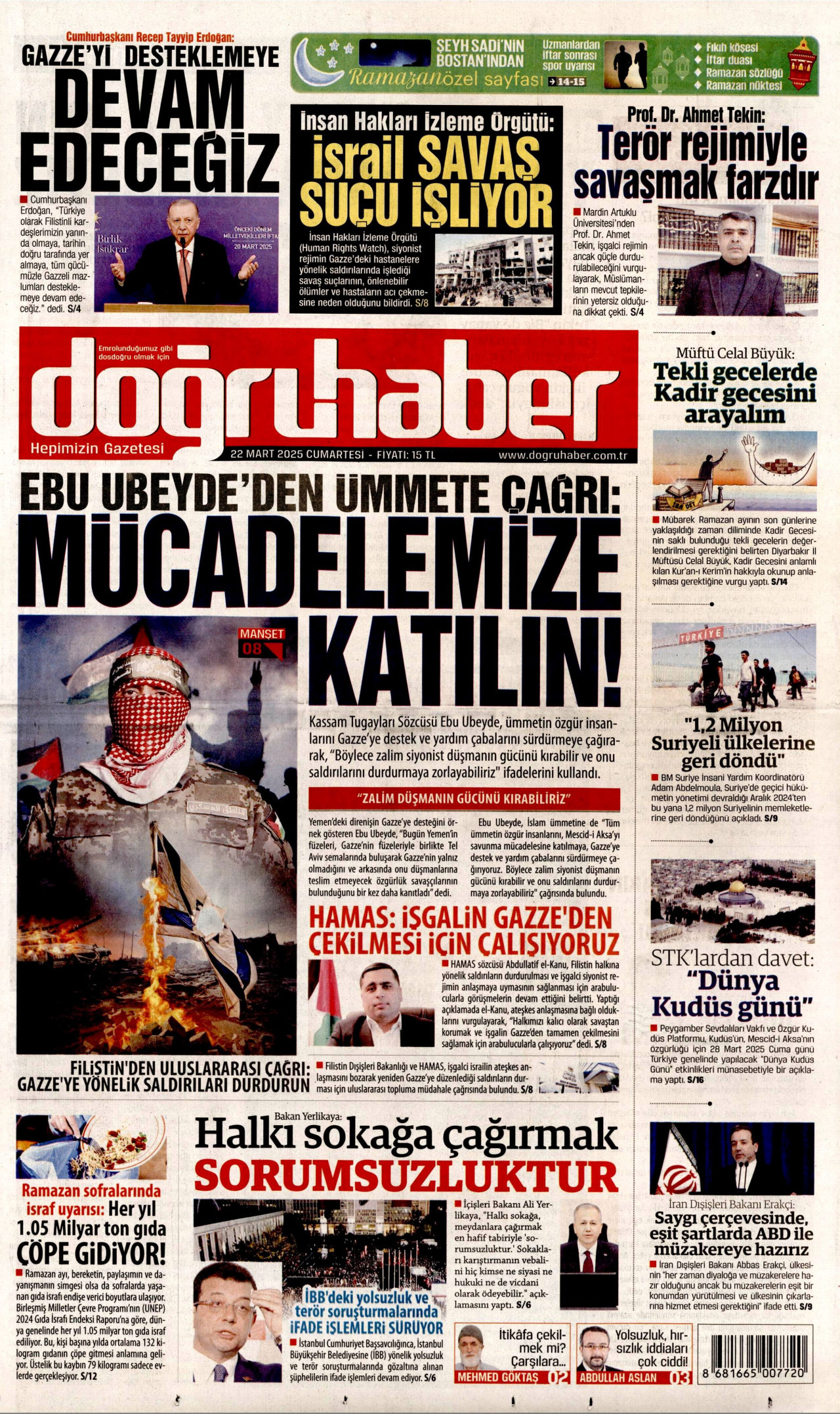DOĞRU HABER gazetesinin 22 Mart 2025 tarihli birinci sayfası