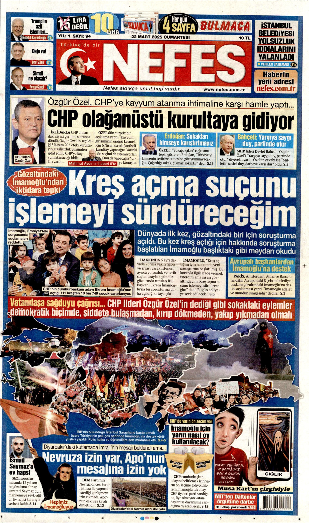 NEFES gazetesinin 22 Mart 2025 tarihli birinci sayfası