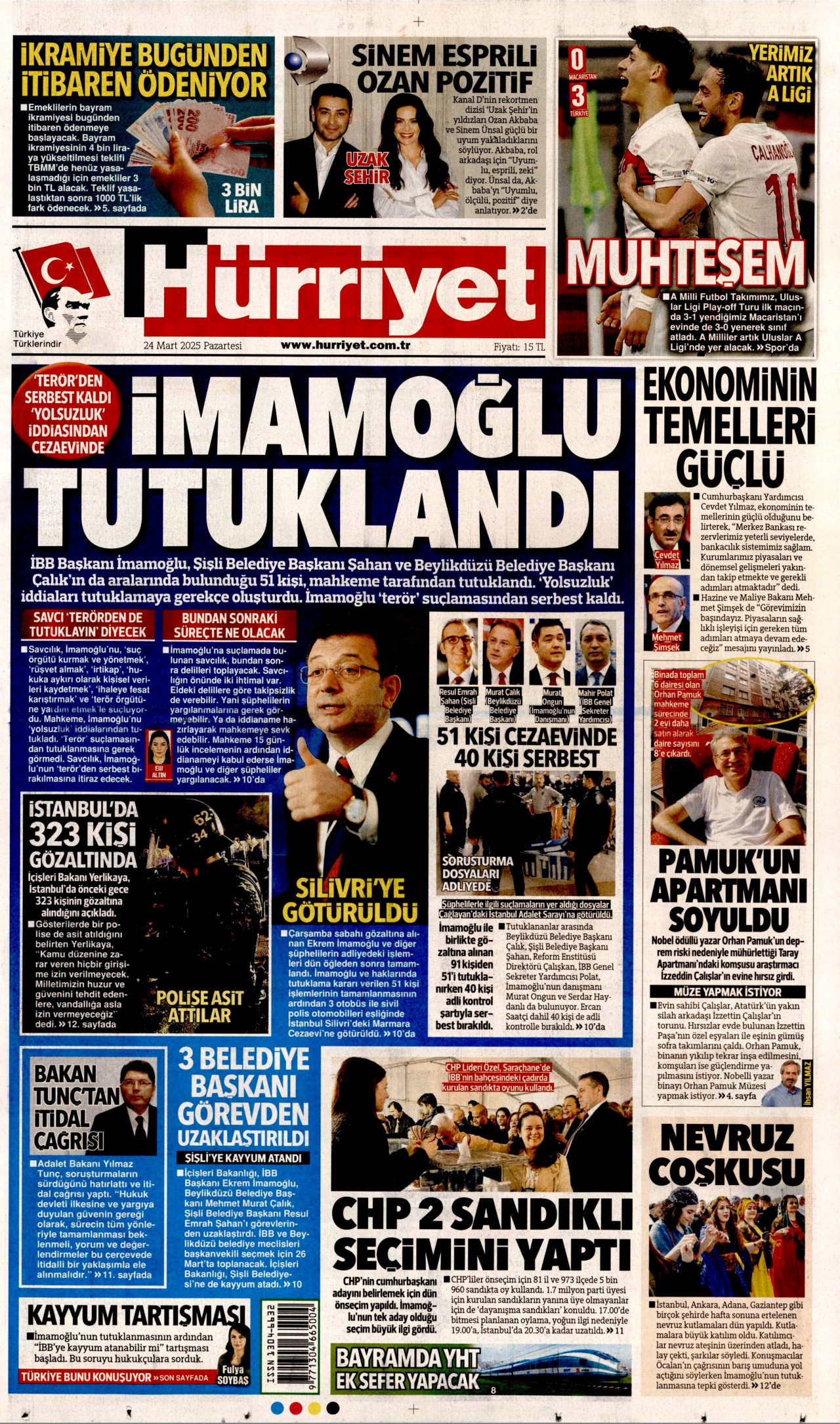 HÜRRİYET gazetesinin 24 Mart 2025 tarihli birinci sayfası