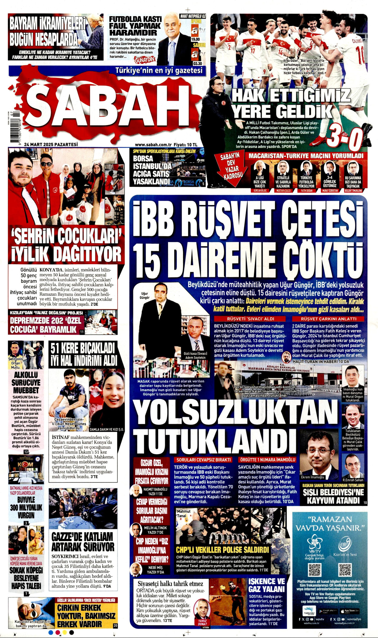 SABAH gazetesinin 24 Mart 2025 tarihli birinci sayfası
