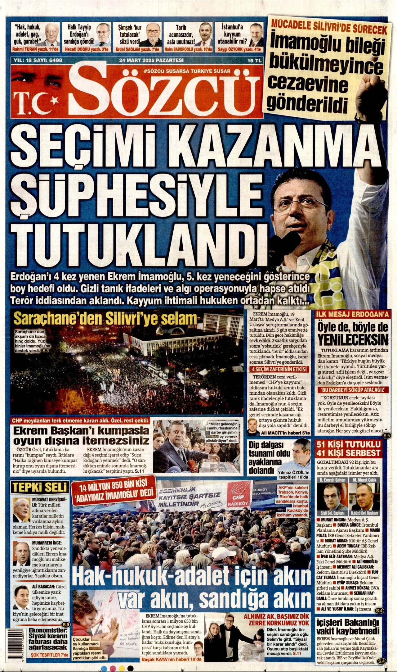 SÖZCÜ gazetesinin 24 Mart 2025 tarihli birinci sayfası