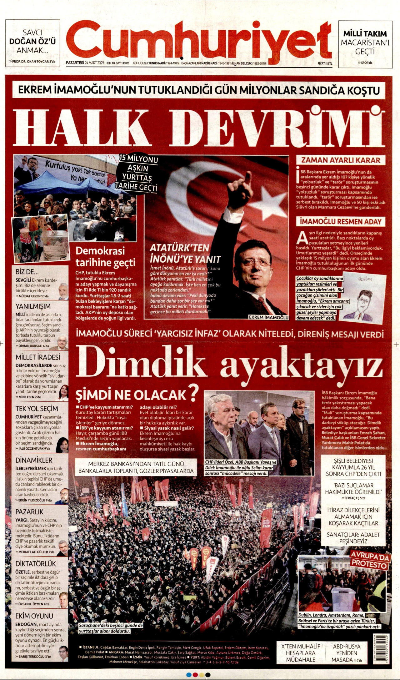 CUMHURİYET gazetesinin 24 Mart 2025 tarihli birinci sayfası