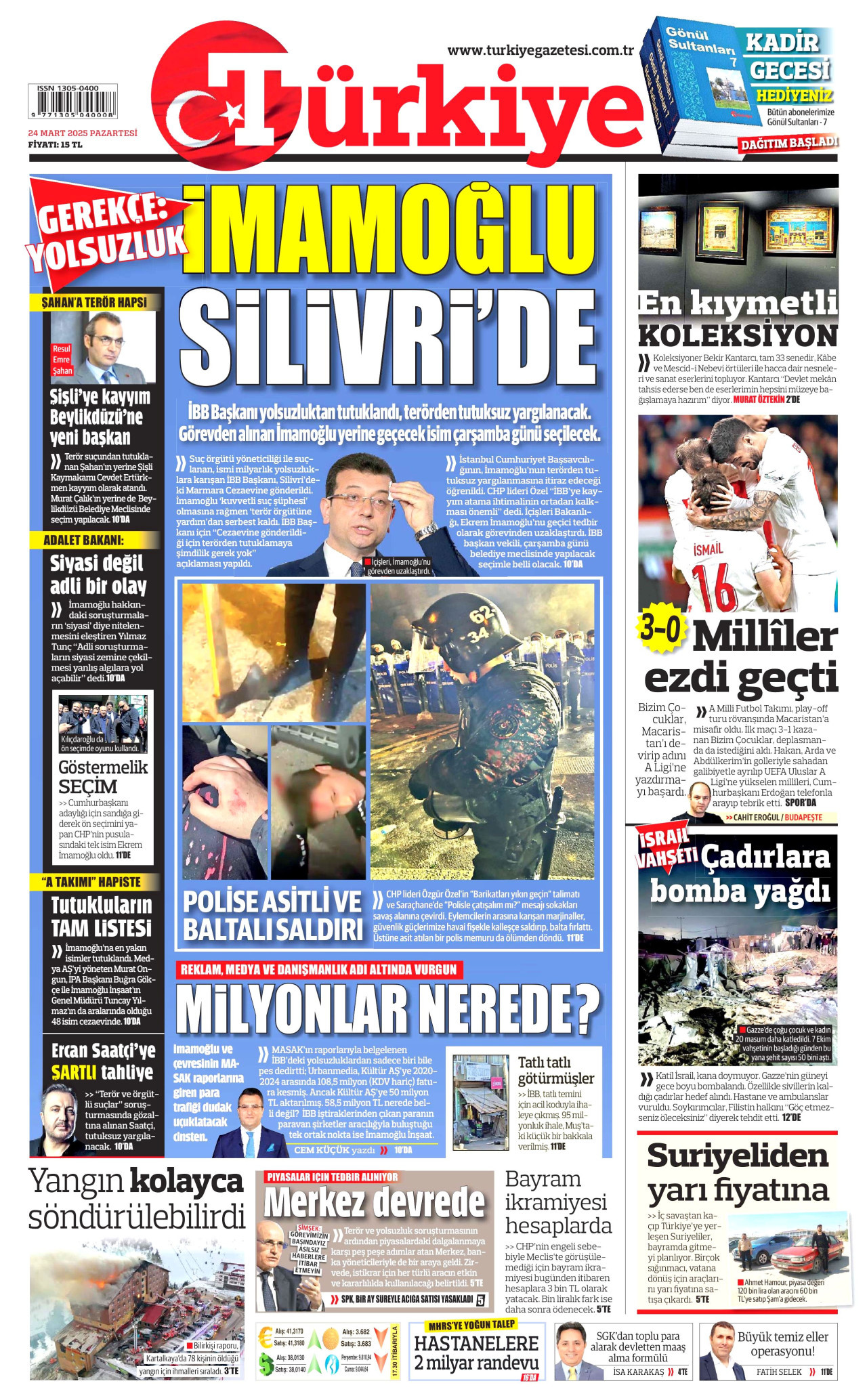 TÜRKİYE GAZETESİ gazetesinin 24 Mart 2025 tarihli birinci sayfası