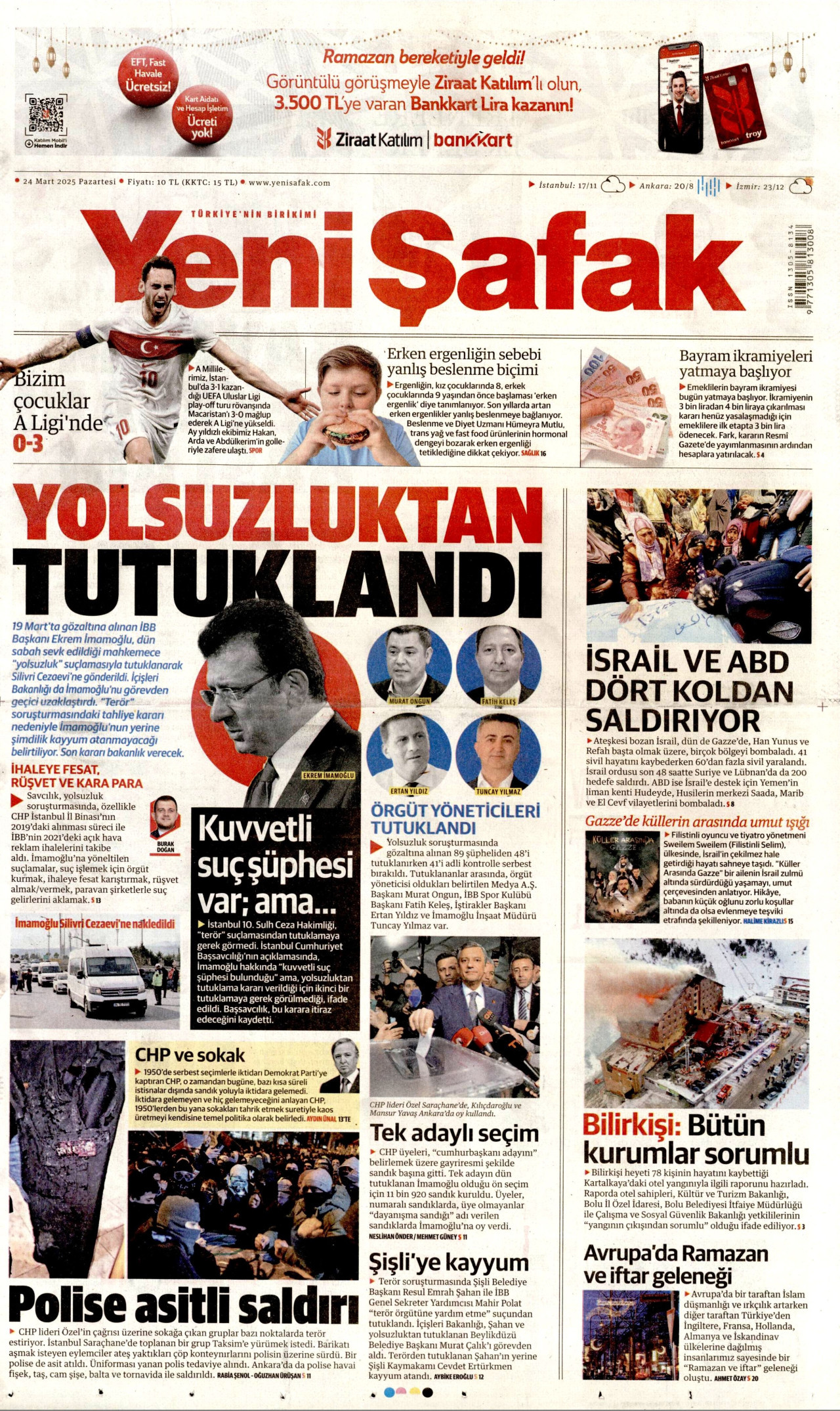 YENİ ŞAFAK gazetesinin 24 Mart 2025 tarihli birinci sayfası