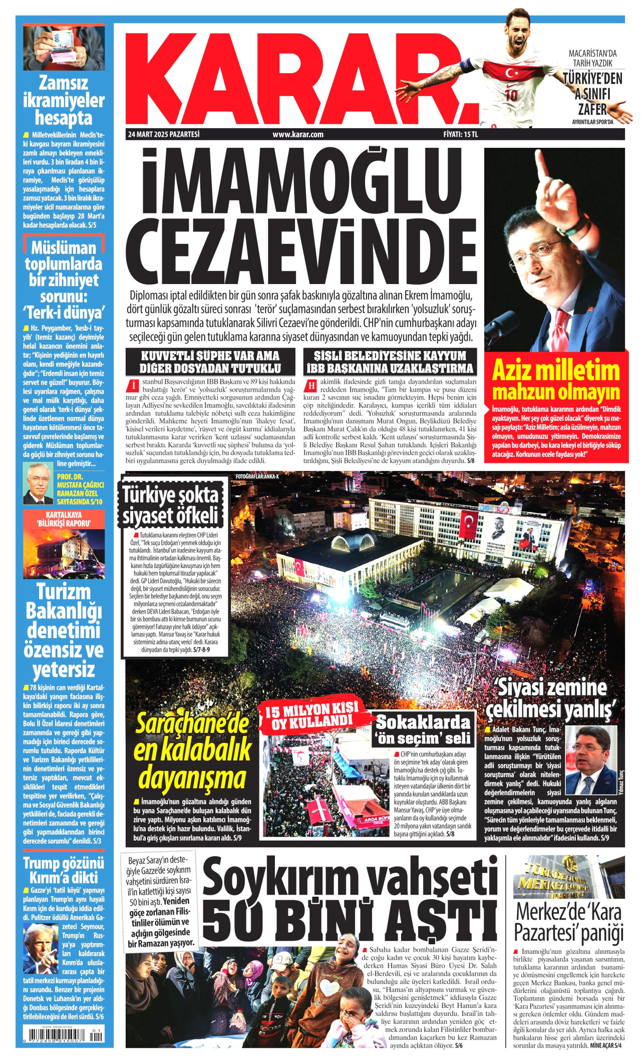 KARAR gazetesinin 24 Mart 2025 tarihli birinci sayfası