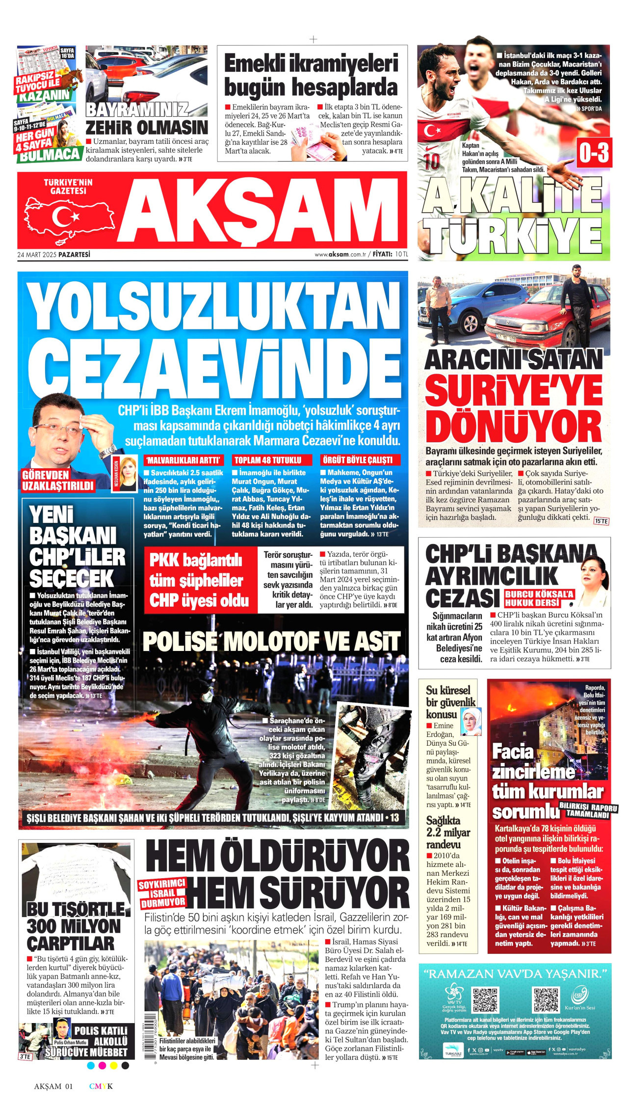 AKŞAM gazetesinin 24 Mart 2025 tarihli birinci sayfası