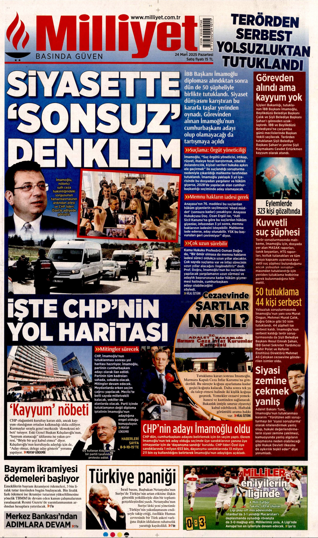 MİLLİYET gazetesinin 24 Mart 2025 tarihli birinci sayfası