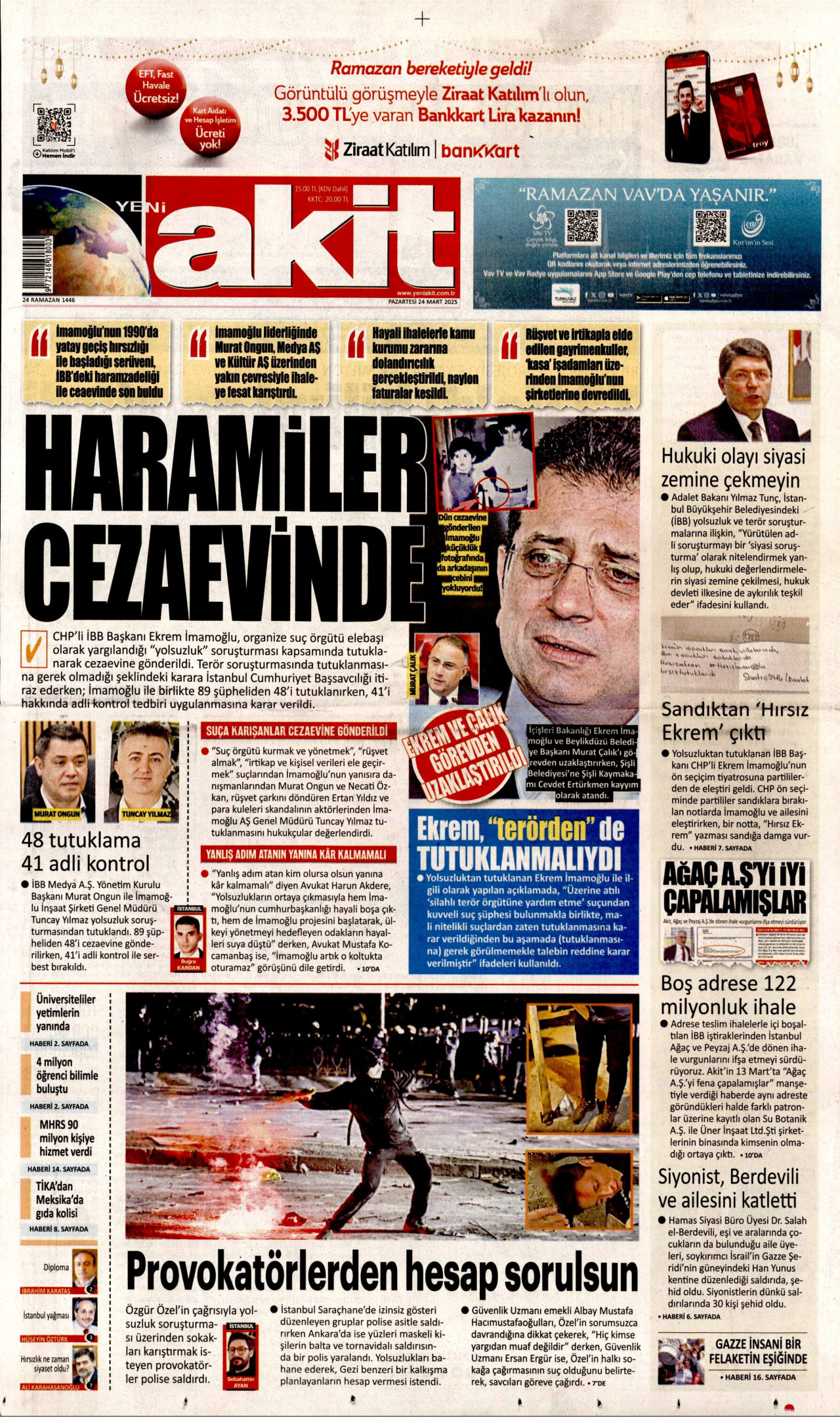 YENİ AKİT gazetesinin 24 Mart 2025 tarihli birinci sayfası