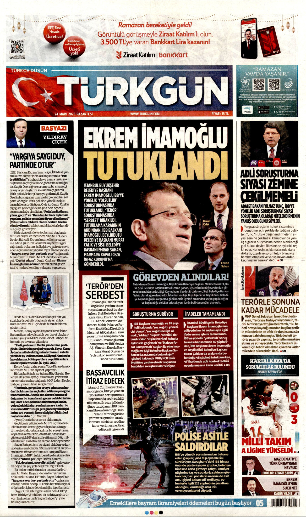 TÜRKGÜN gazetesinin 24 Mart 2025 tarihli birinci sayfası