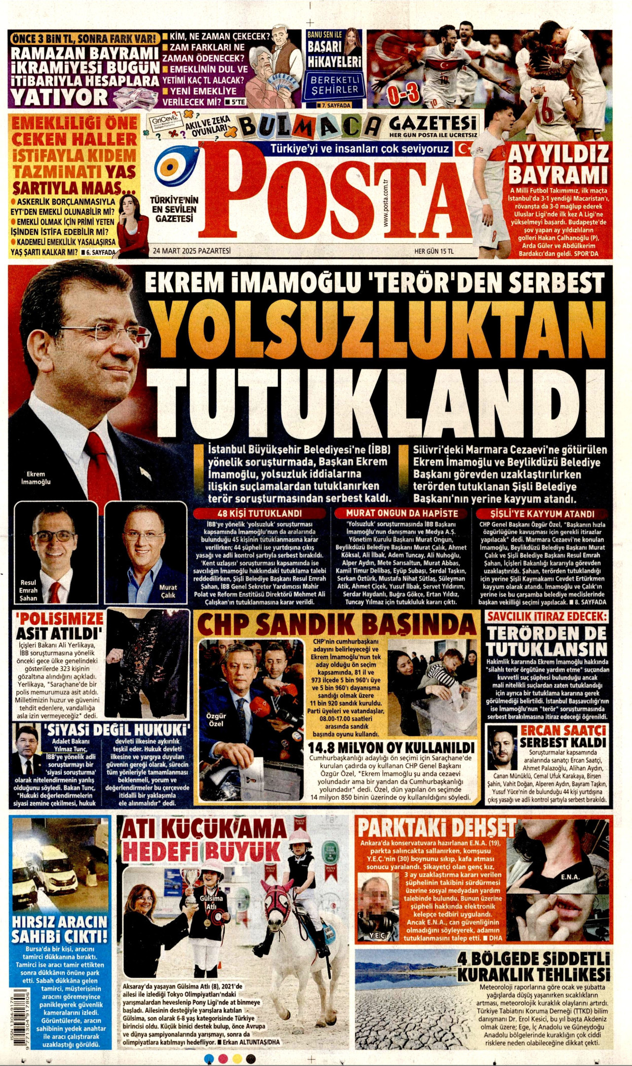 POSTA gazetesinin 24 Mart 2025 tarihli birinci sayfası