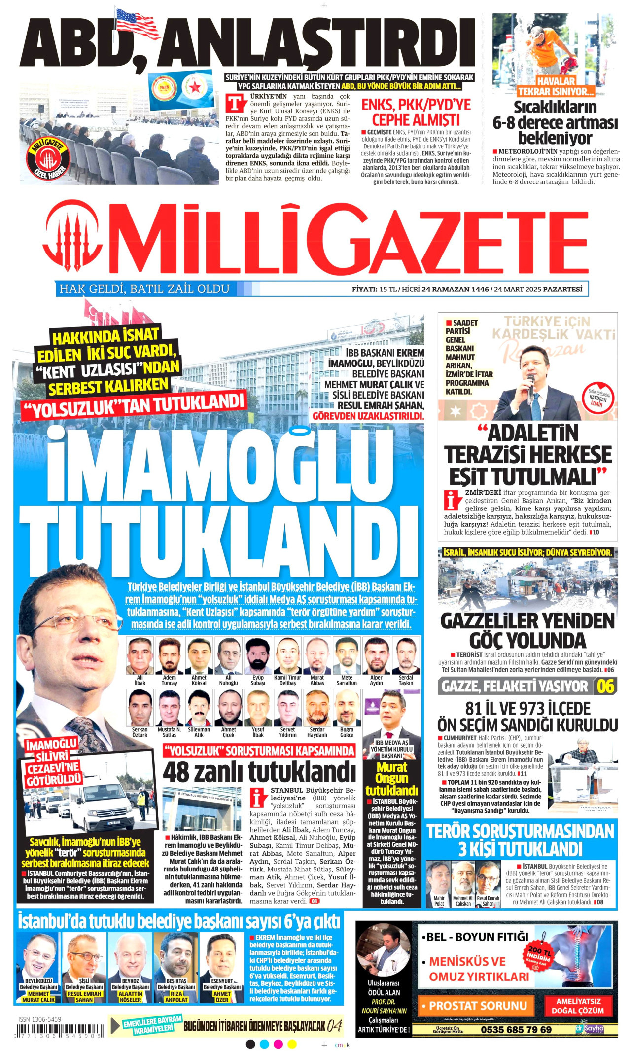 MİLLİ GAZETE gazetesinin 24 Mart 2025 tarihli birinci sayfası