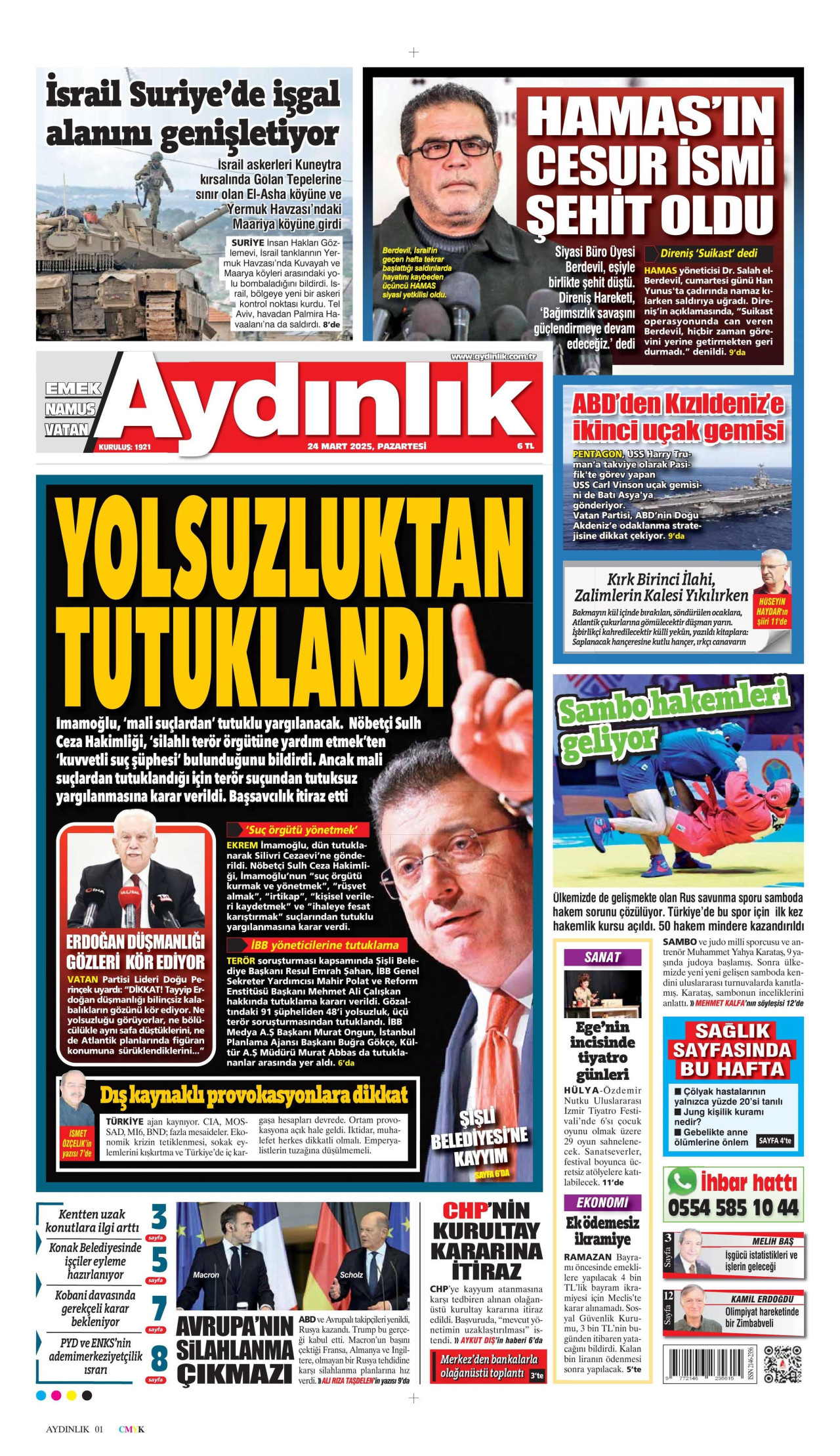 AYDINLIK GAZETESİ gazetesinin 24 Mart 2025 tarihli birinci sayfası