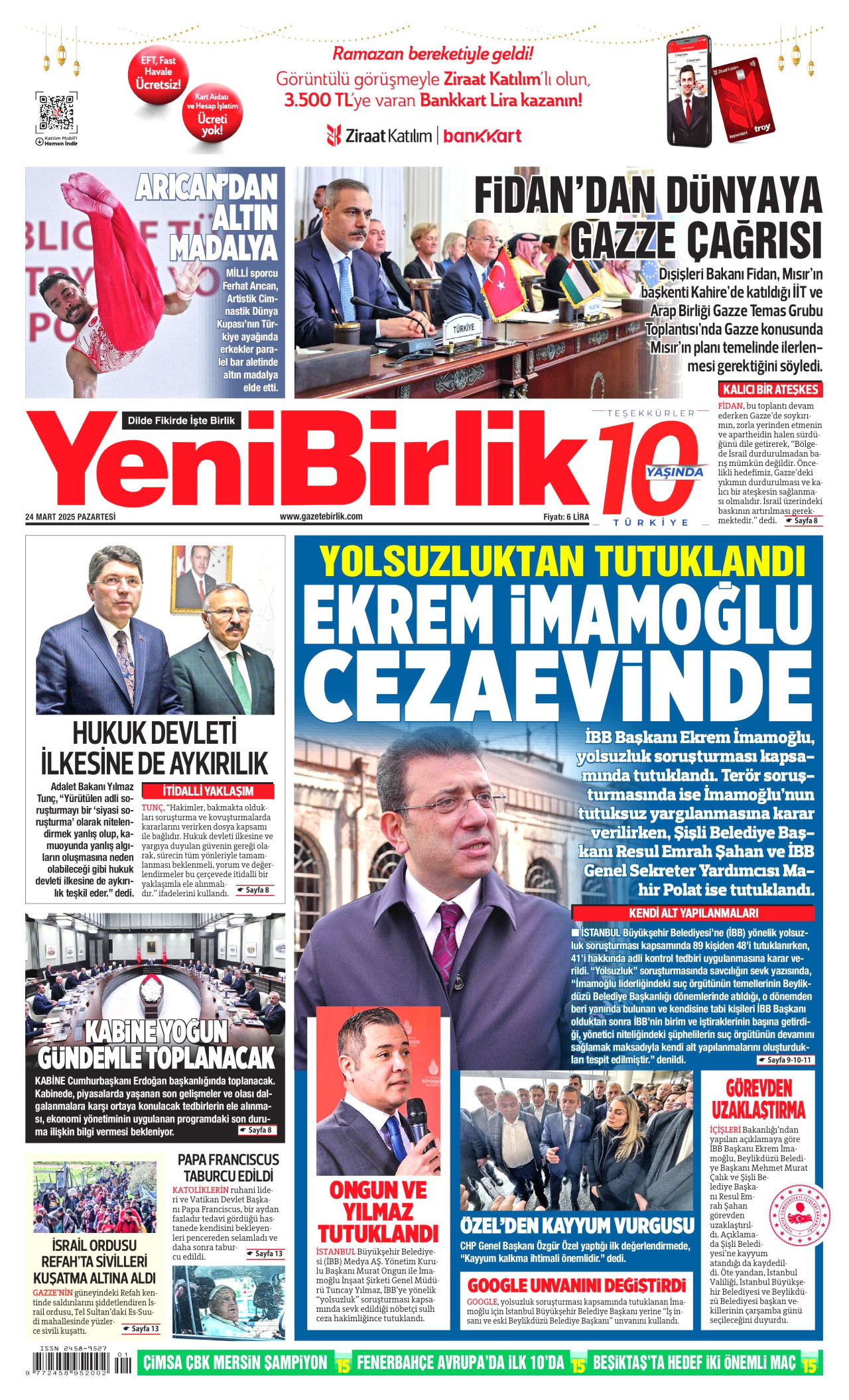 YENİBİRLİK gazetesinin 24 Mart 2025 tarihli birinci sayfası