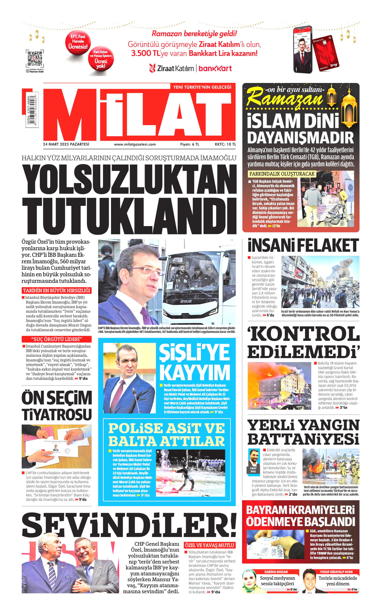 MİLAT gazetesinin 24 Mart 2025 tarihli birinci sayfası