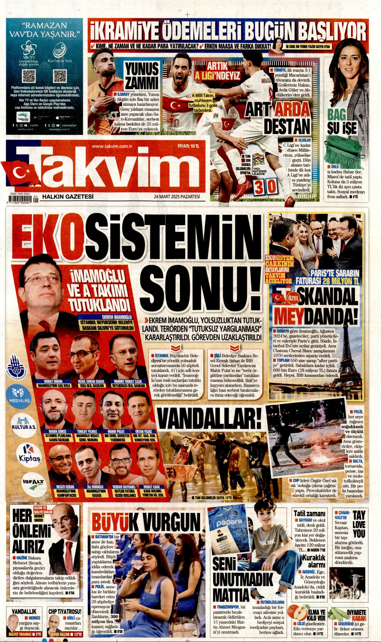 TAKVİM gazetesinin 24 Mart 2025 tarihli birinci sayfası
