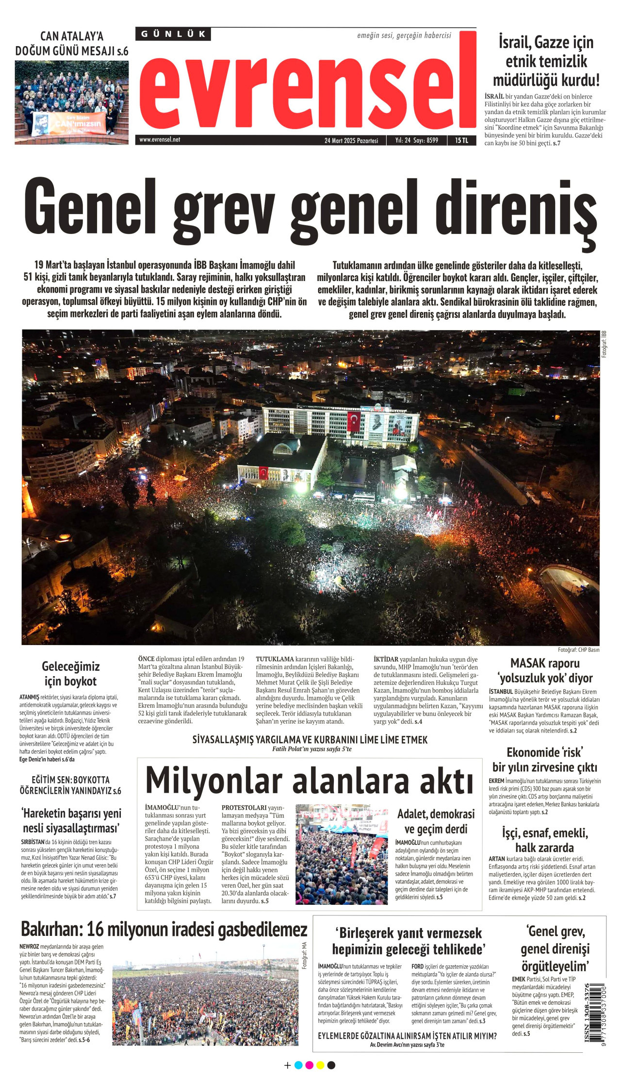 EVRENSEL gazetesinin 24 Mart 2025 tarihli birinci sayfası