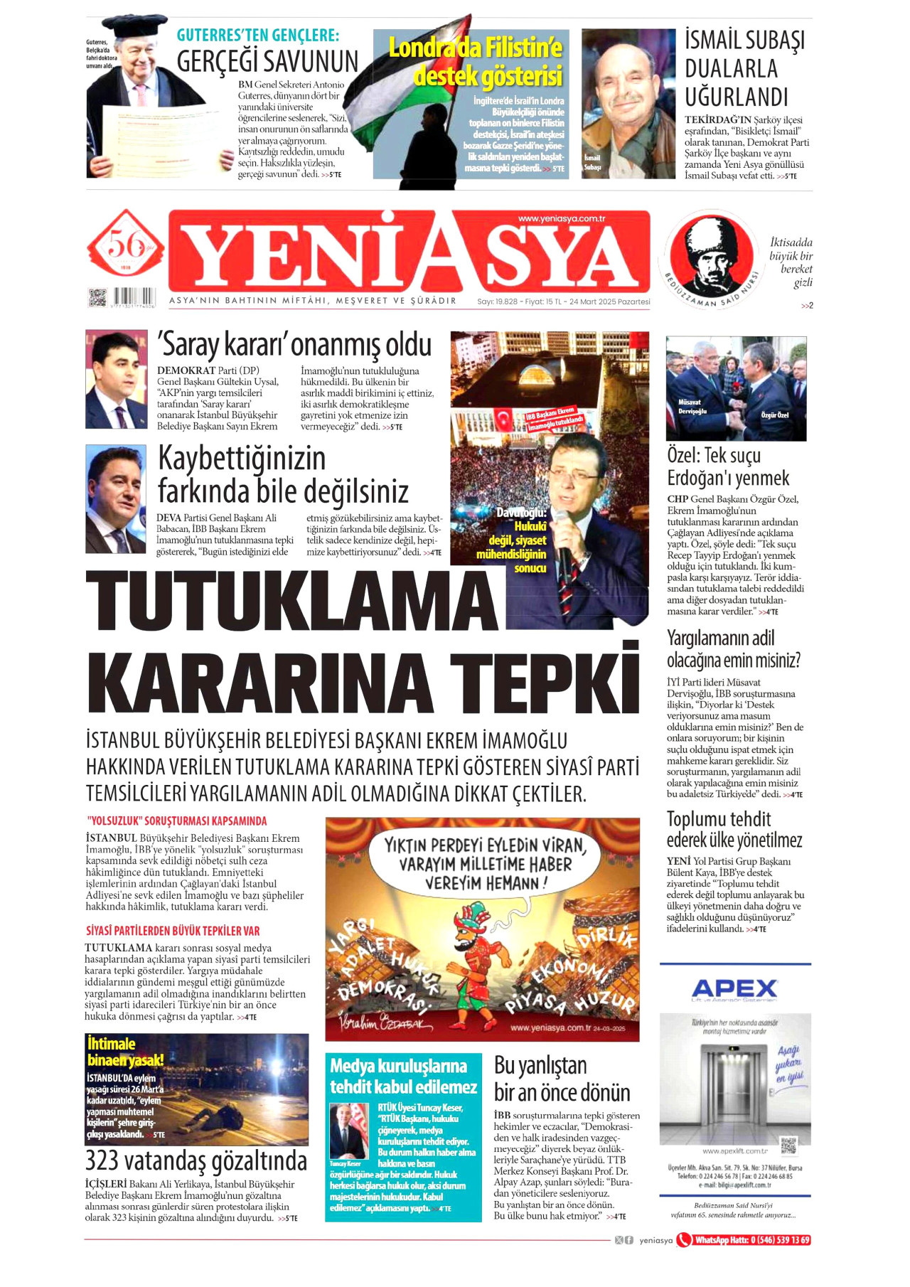YENİ ASYA gazetesinin 24 Mart 2025 tarihli birinci sayfası