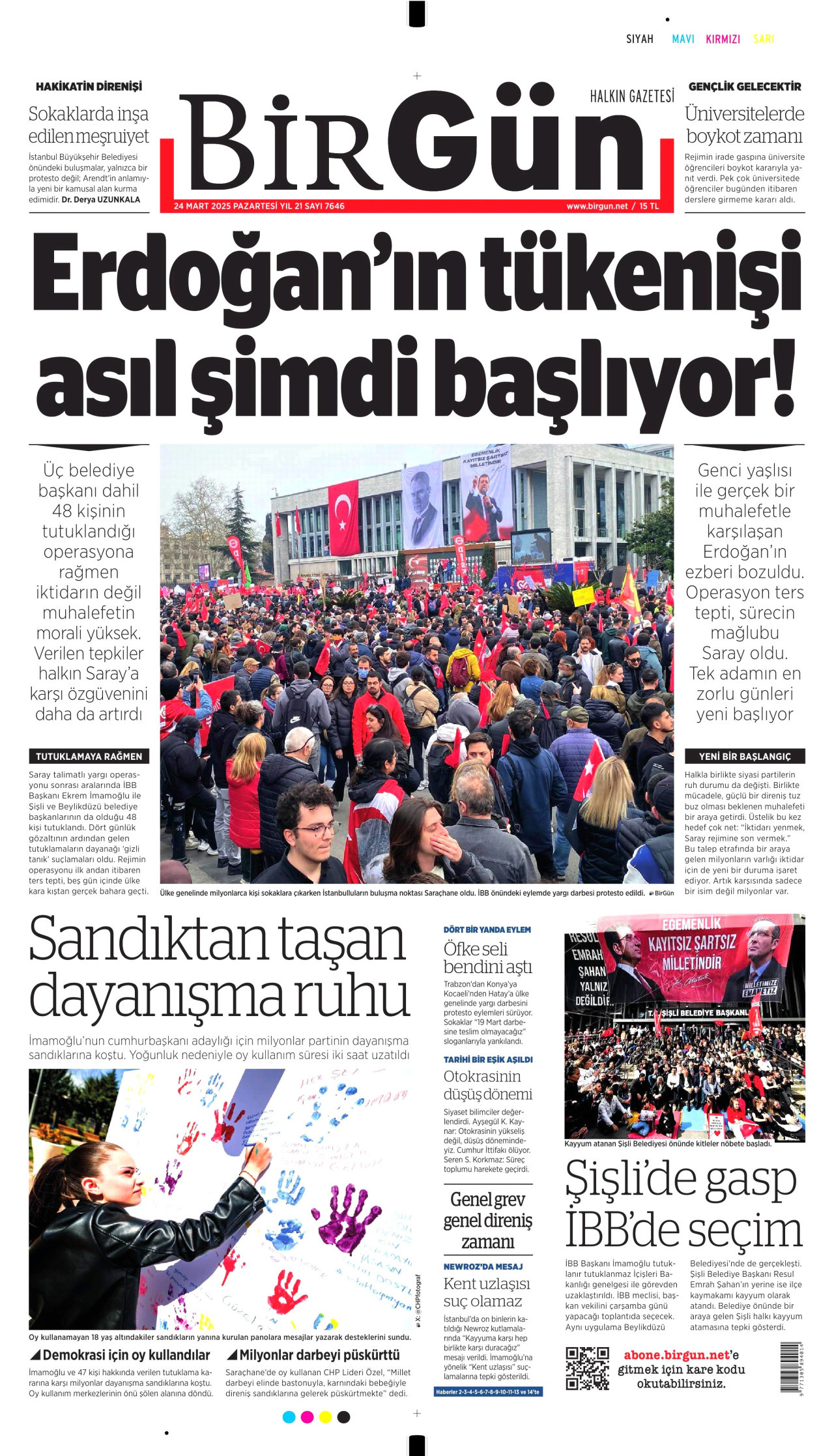 BİRGÜN gazetesinin 24 Mart 2025 tarihli birinci sayfası