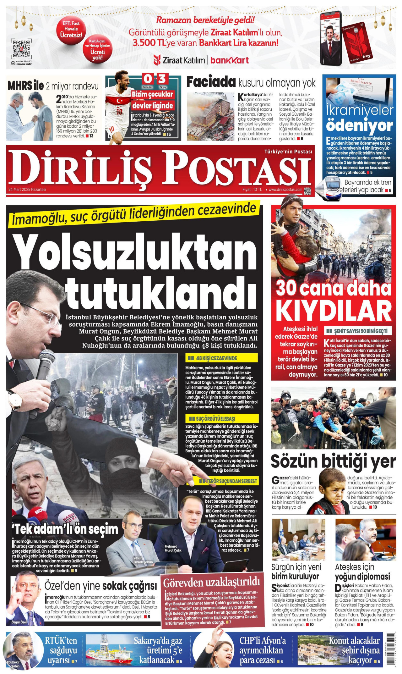 DİRİLİŞ POSTASI gazetesinin 24 Mart 2025 tarihli birinci sayfası
