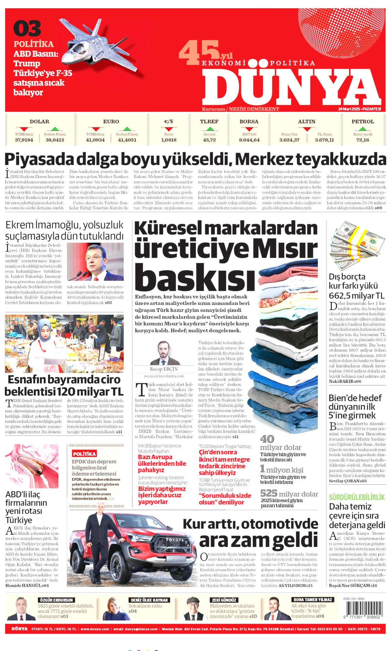 DÜNYA gazetesinin 24 Mart 2025 tarihli birinci sayfası