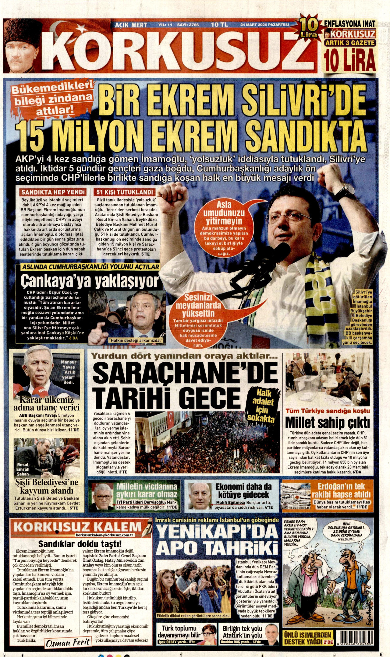 KORKUSUZ gazetesinin 24 Mart 2025 tarihli birinci sayfası