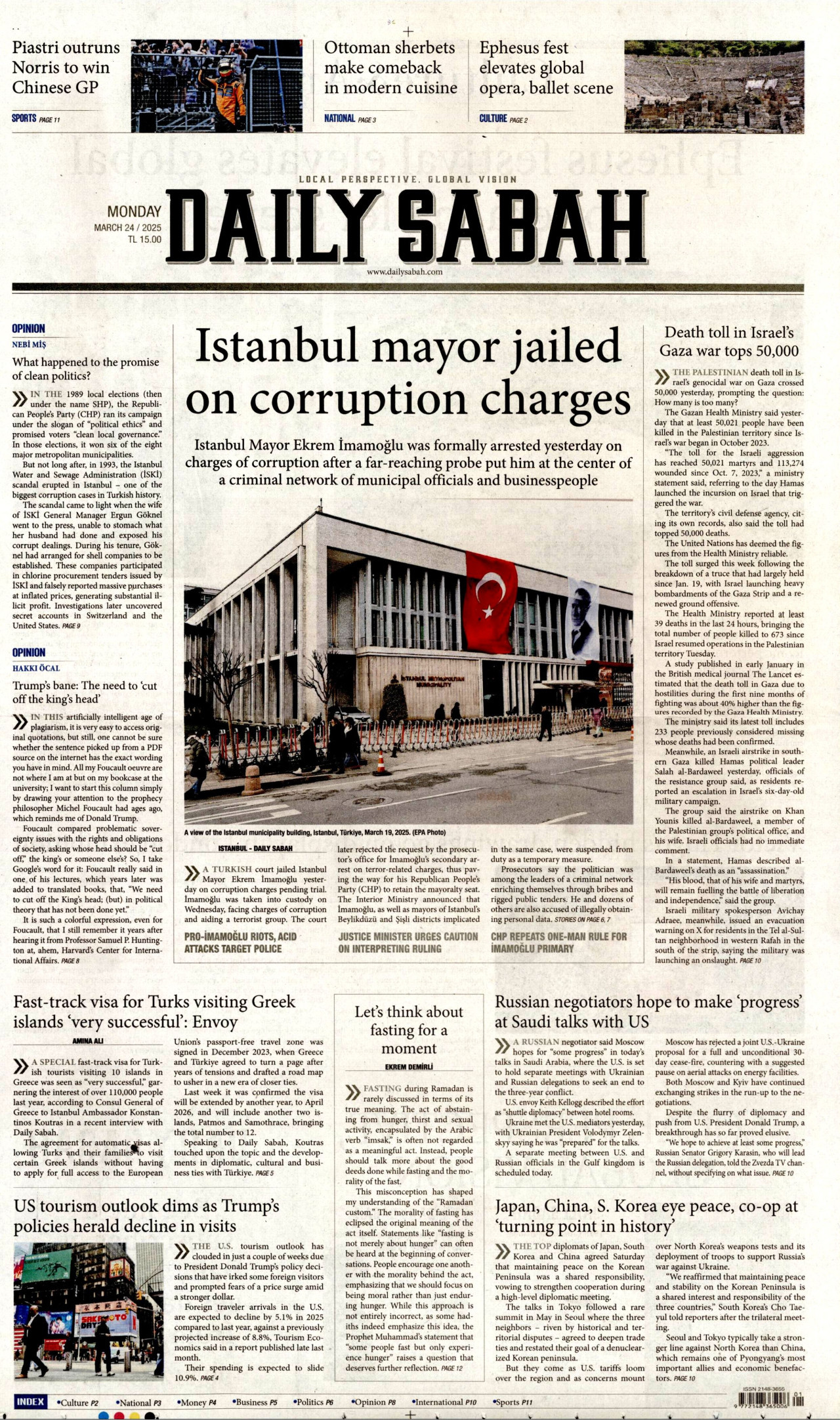 DAİLY SABAH gazetesinin 24 Mart 2025 tarihli birinci sayfası