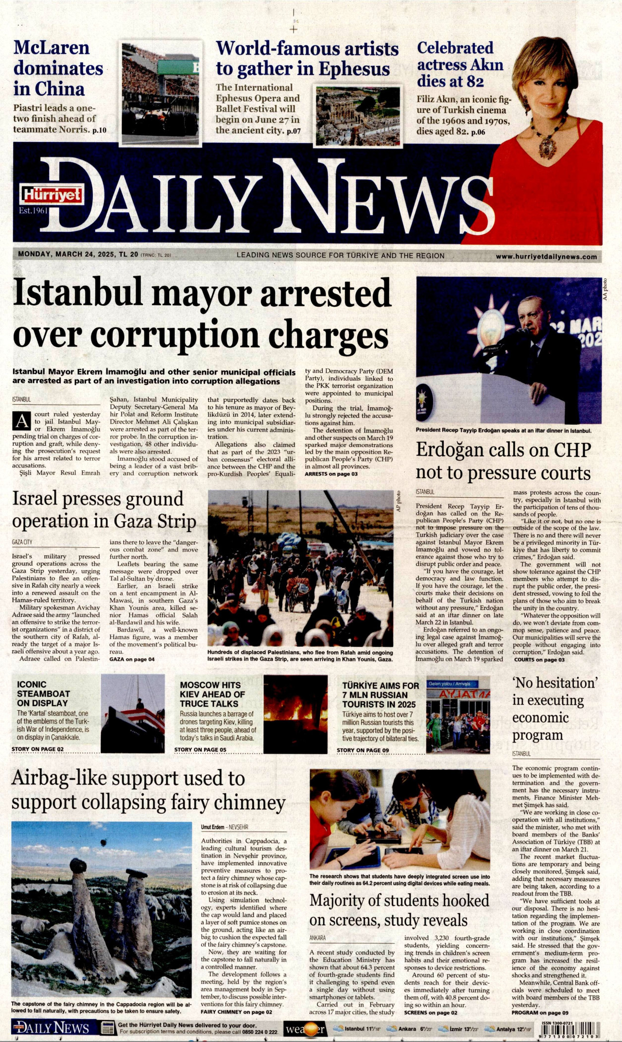 HÜRRİYET DAİLY NEWS gazetesinin 24 Mart 2025 tarihli birinci sayfası