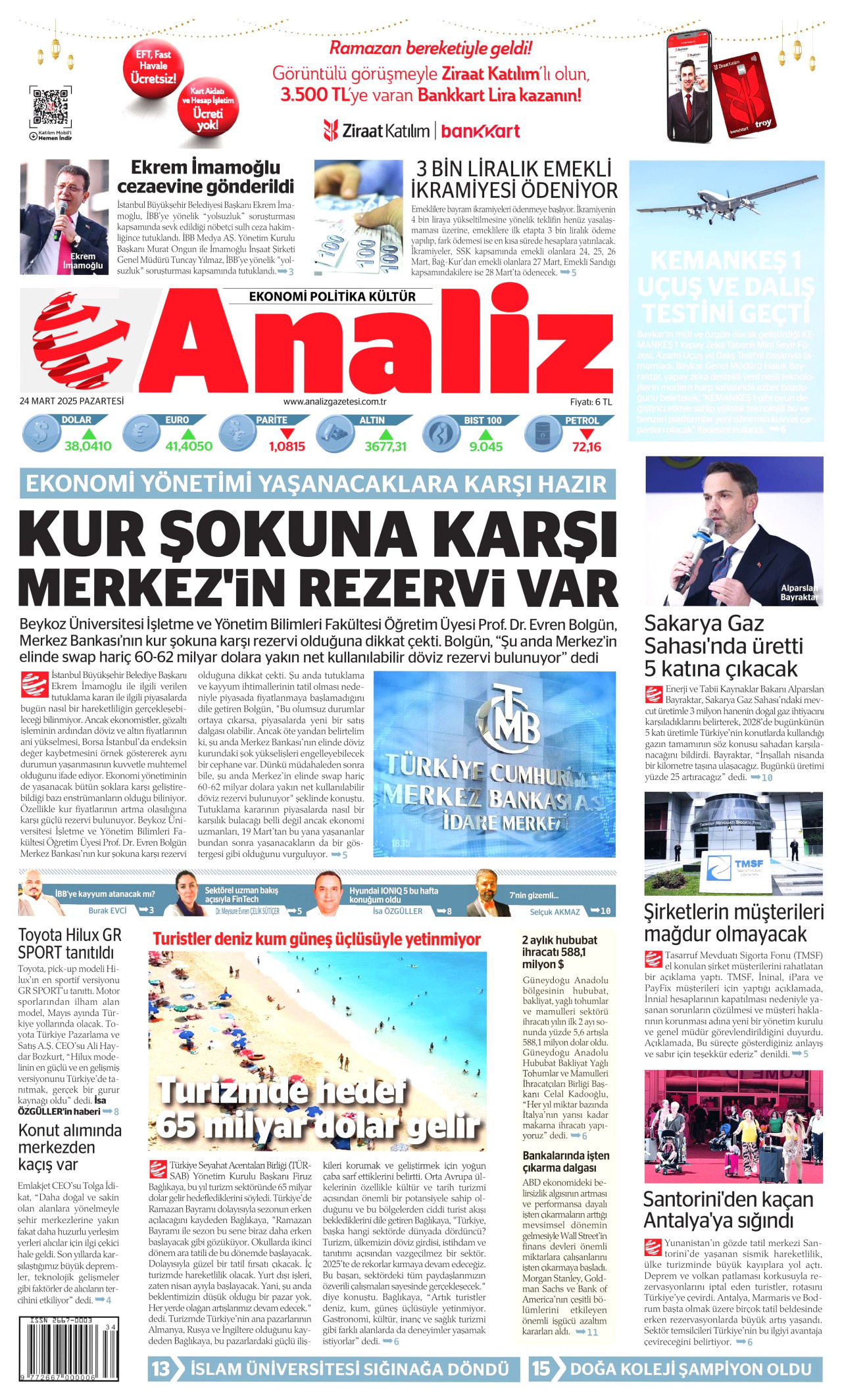 ANALİZ gazetesinin 24 Mart 2025 tarihli birinci sayfası