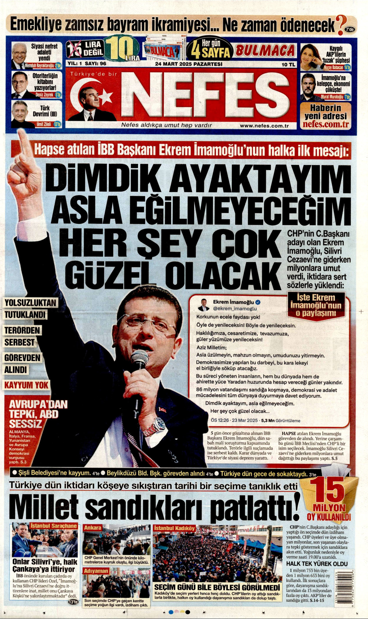 NEFES gazetesinin 24 Mart 2025 tarihli birinci sayfası