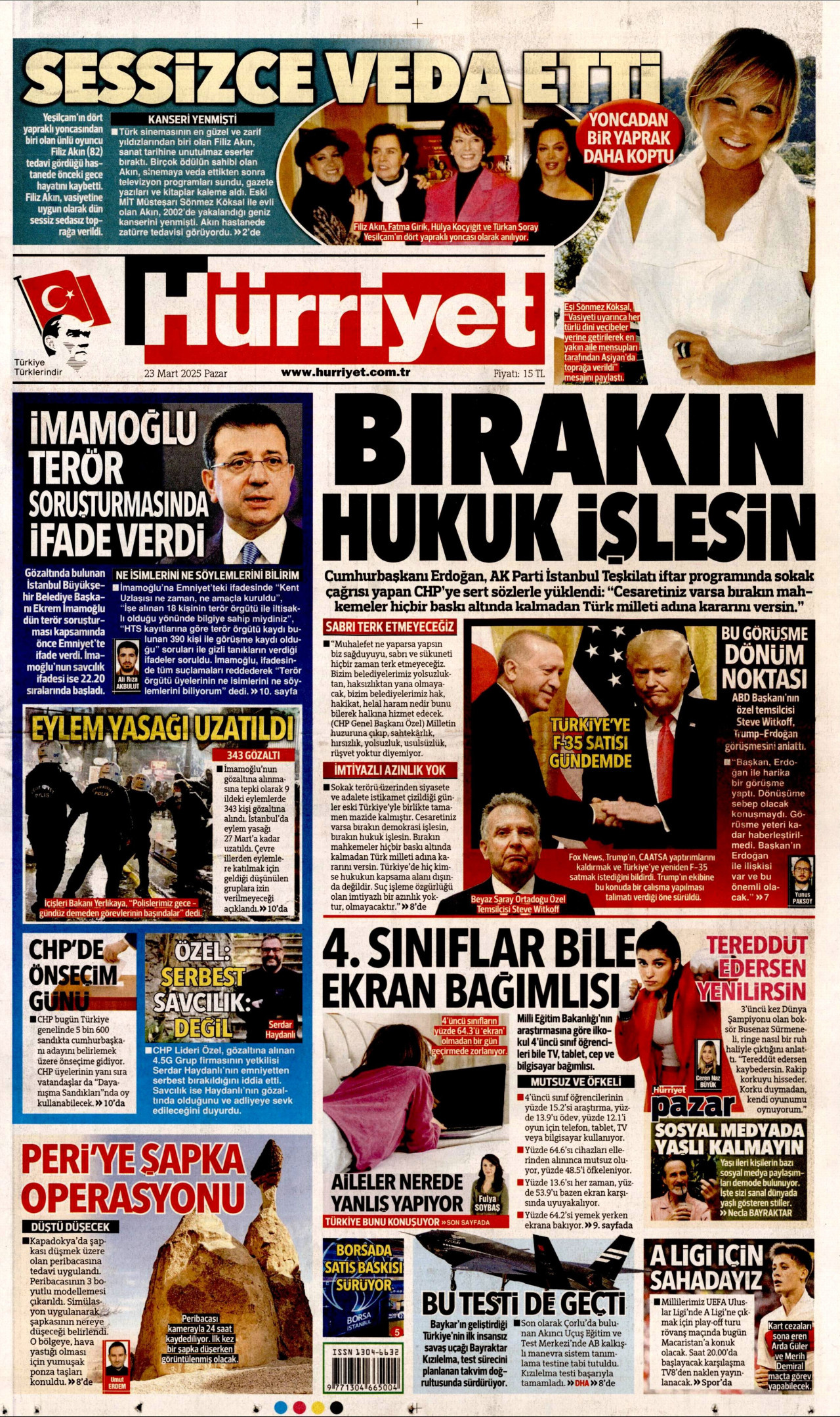HÜRRİYET gazetesinin 23 Mart 2025 tarihli birinci sayfası