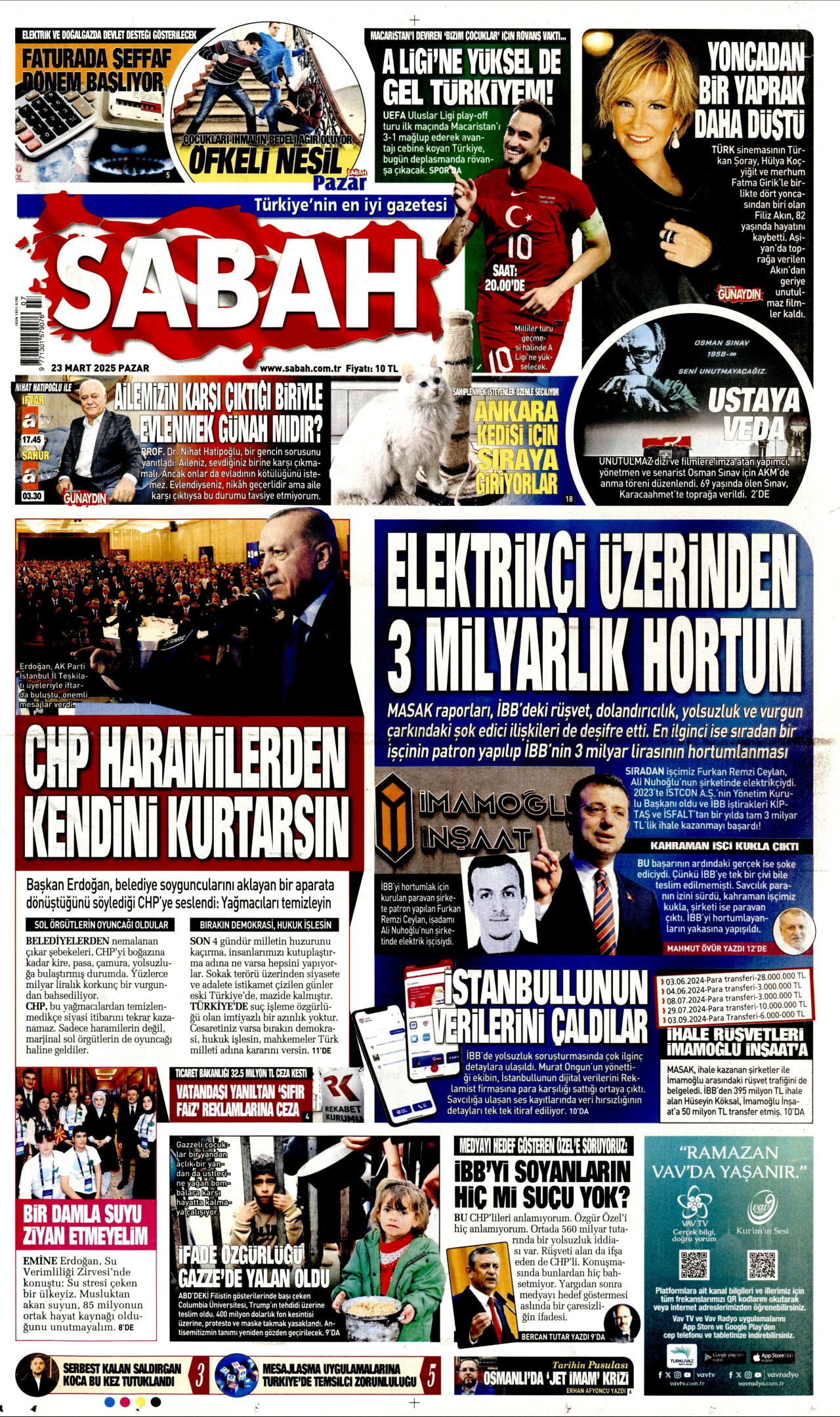SABAH gazetesinin 23 Mart 2025 tarihli birinci sayfası