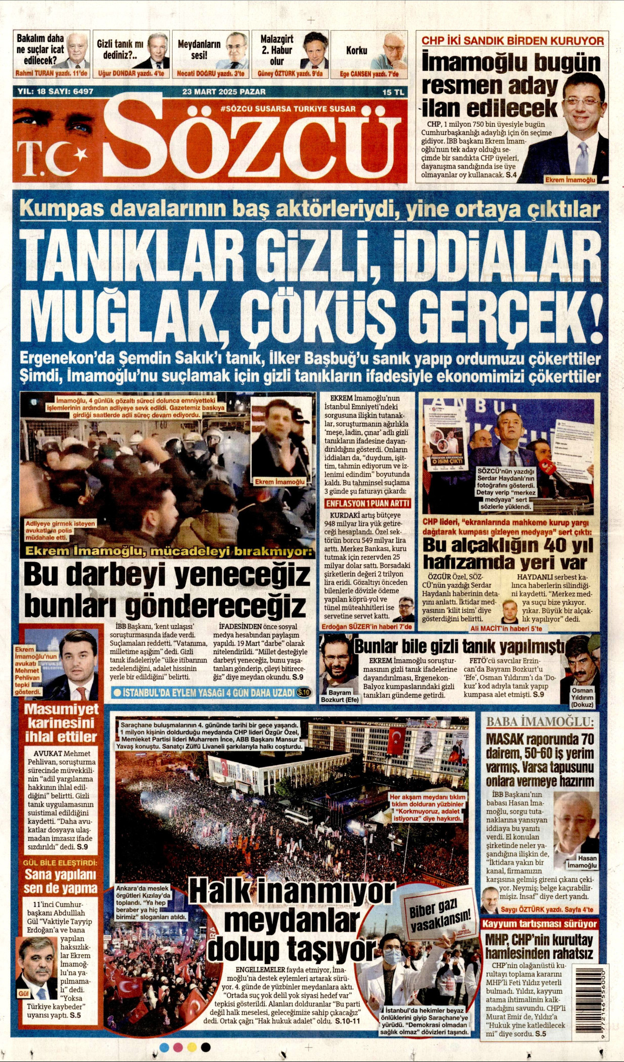 SÖZCÜ gazetesinin 23 Mart 2025 tarihli birinci sayfası