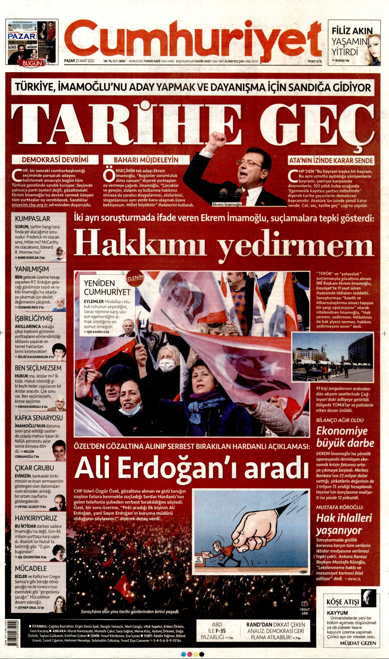 CUMHURİYET gazetesinin 23 Mart 2025 tarihli birinci sayfası
