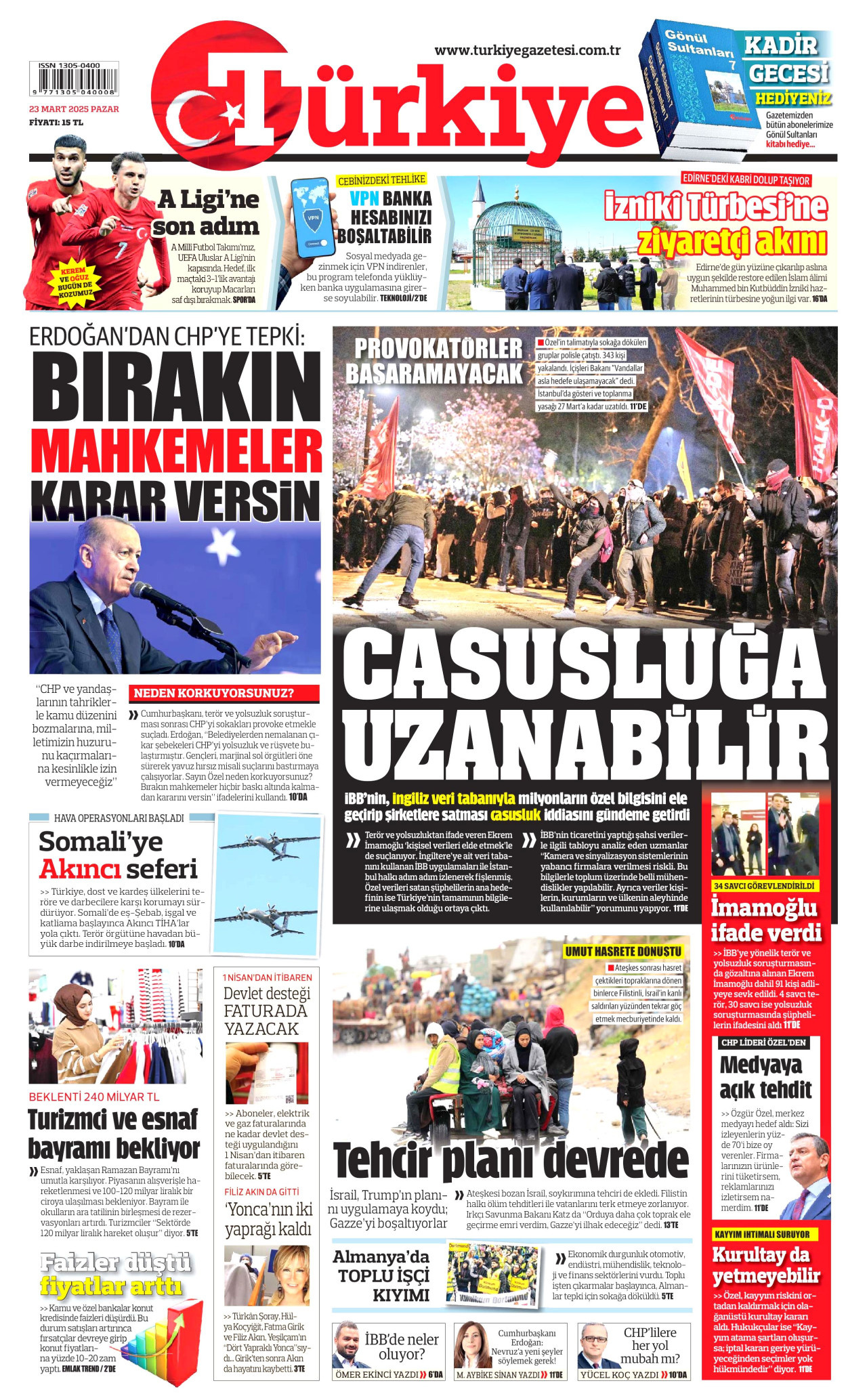 TÜRKİYE GAZETESİ gazetesinin 23 Mart 2025 tarihli birinci sayfası