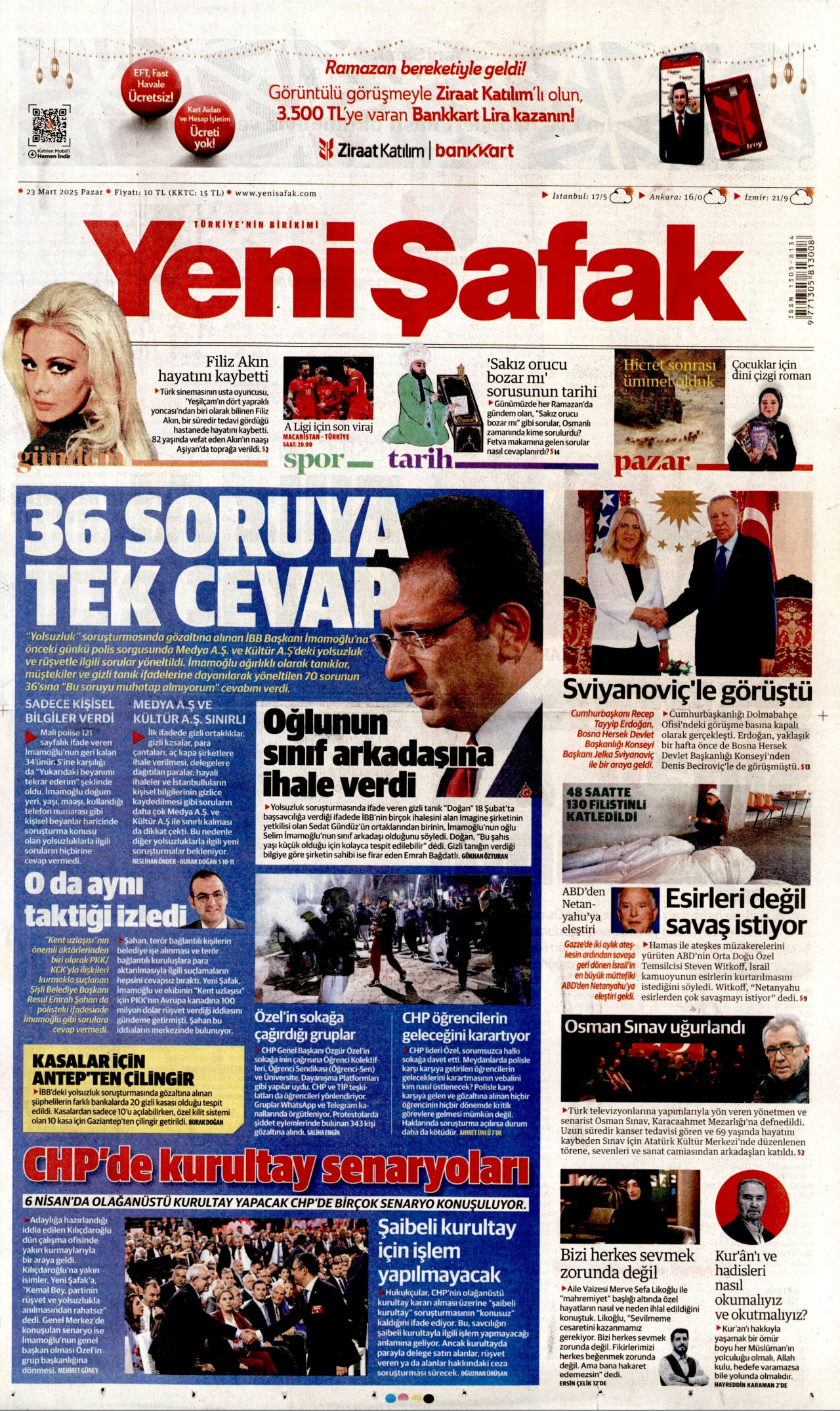 YENİ ŞAFAK gazetesinin 23 Mart 2025 tarihli birinci sayfası