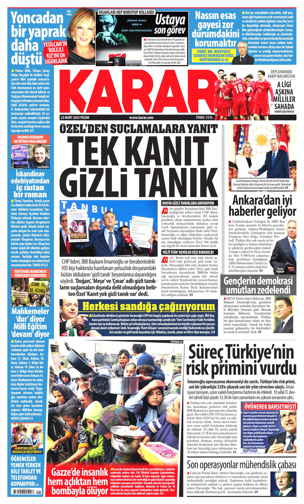 KARAR gazetesinin 23 Mart 2025 tarihli birinci sayfası