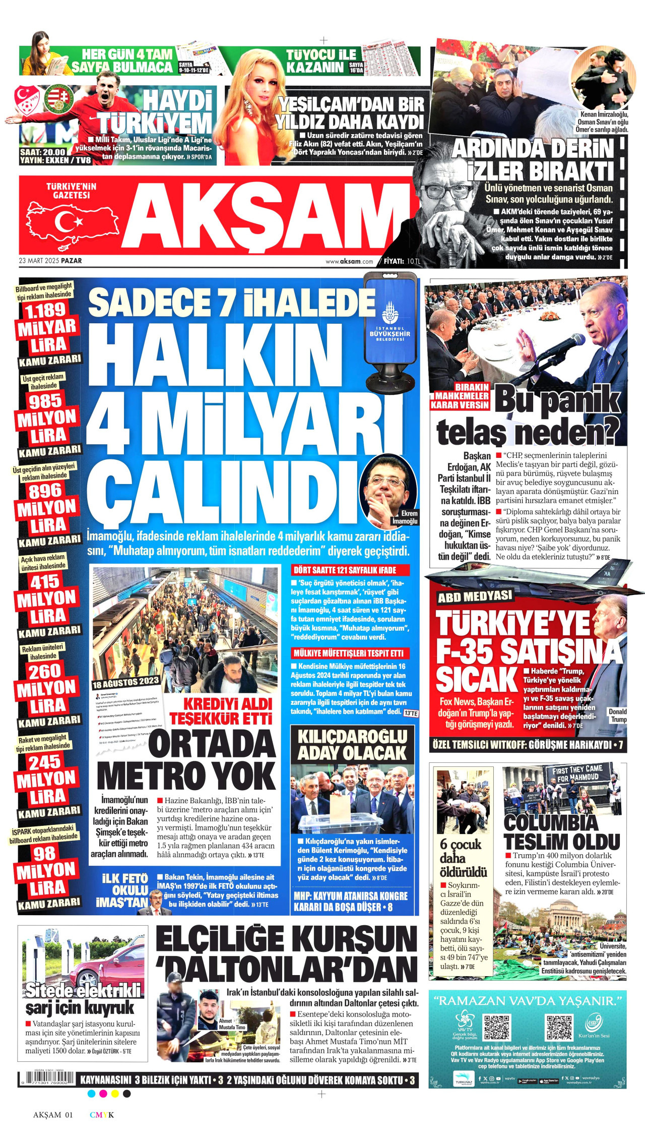 AKŞAM gazetesinin 23 Mart 2025 tarihli birinci sayfası