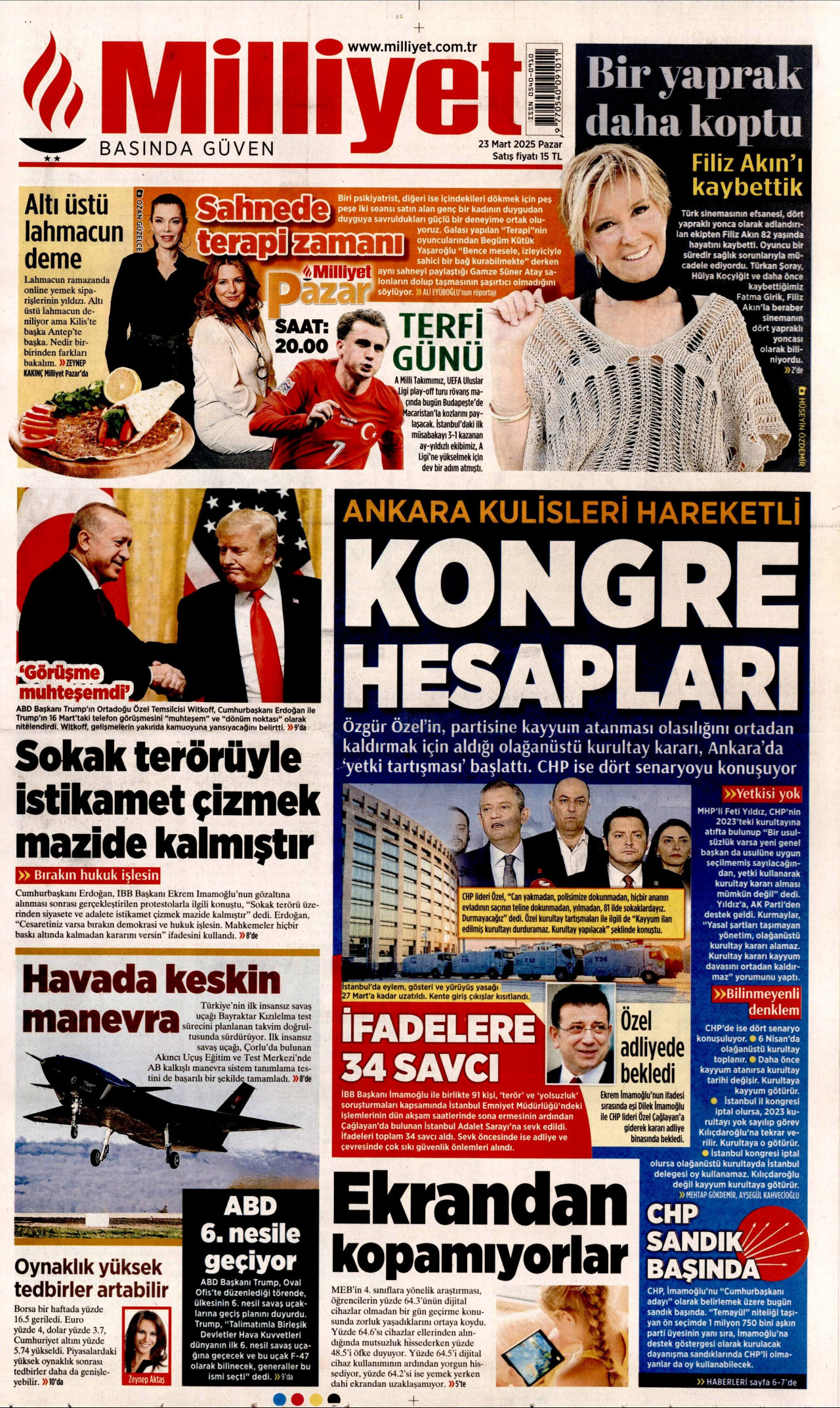 MİLLİYET gazetesinin 23 Mart 2025 tarihli birinci sayfası